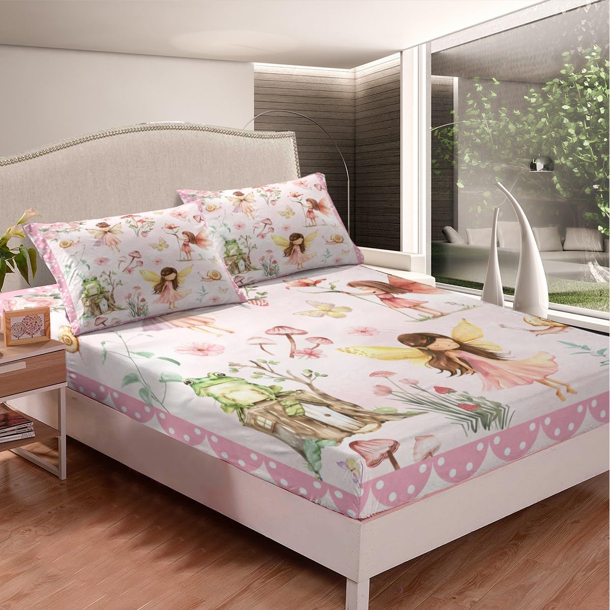 Erosebridal Dreamy Fairy Twin Bedding Set,Pink Floral Garden Fitted Sheet for Girls Kids,Mushroom and Frog Bed Set,Kawaii Flower Butterfly Bed Sheets 2Pcs Room Decor (No Flat Sheet)