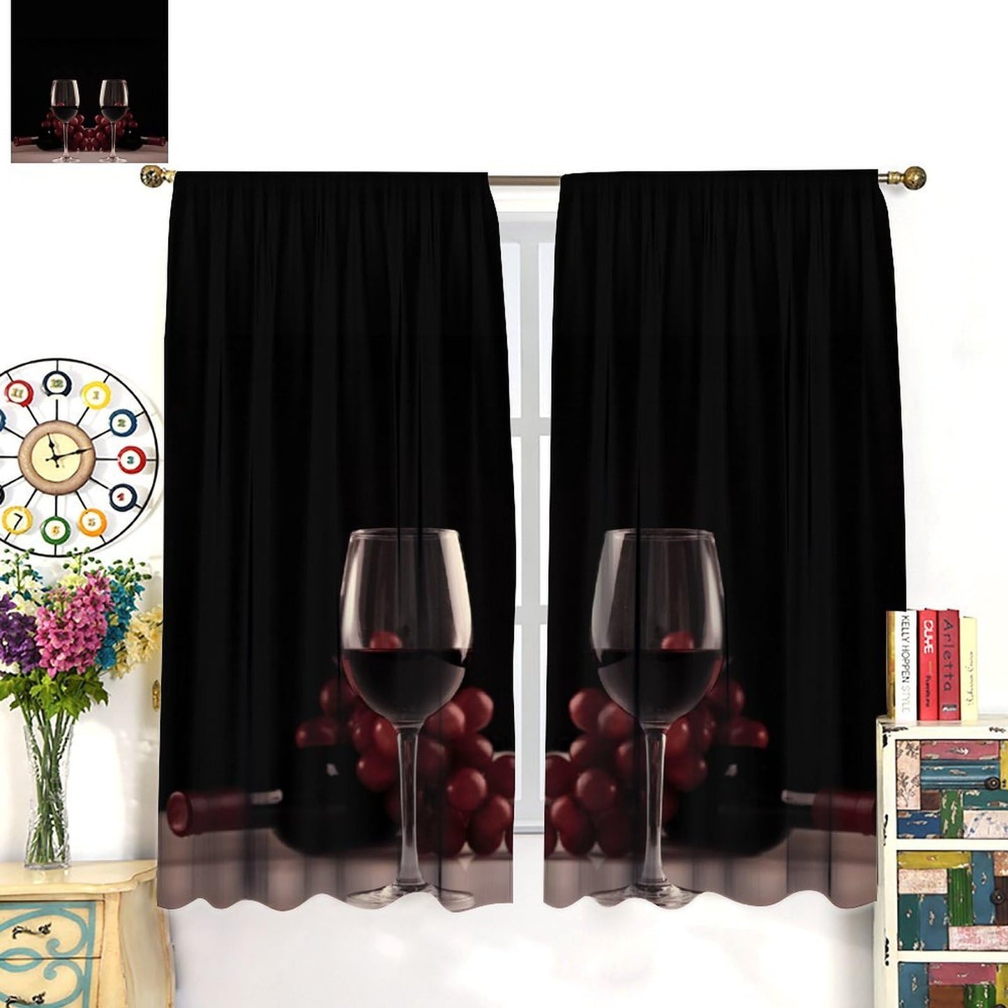 Wine Glass Curtains, Red Wine Glass Bottle Grapes Print, Light Filtering Window Drapes for Kitchen Dining Room Living Room, 20.5" W x 44.5" L, 2 Panels （No Blackout）