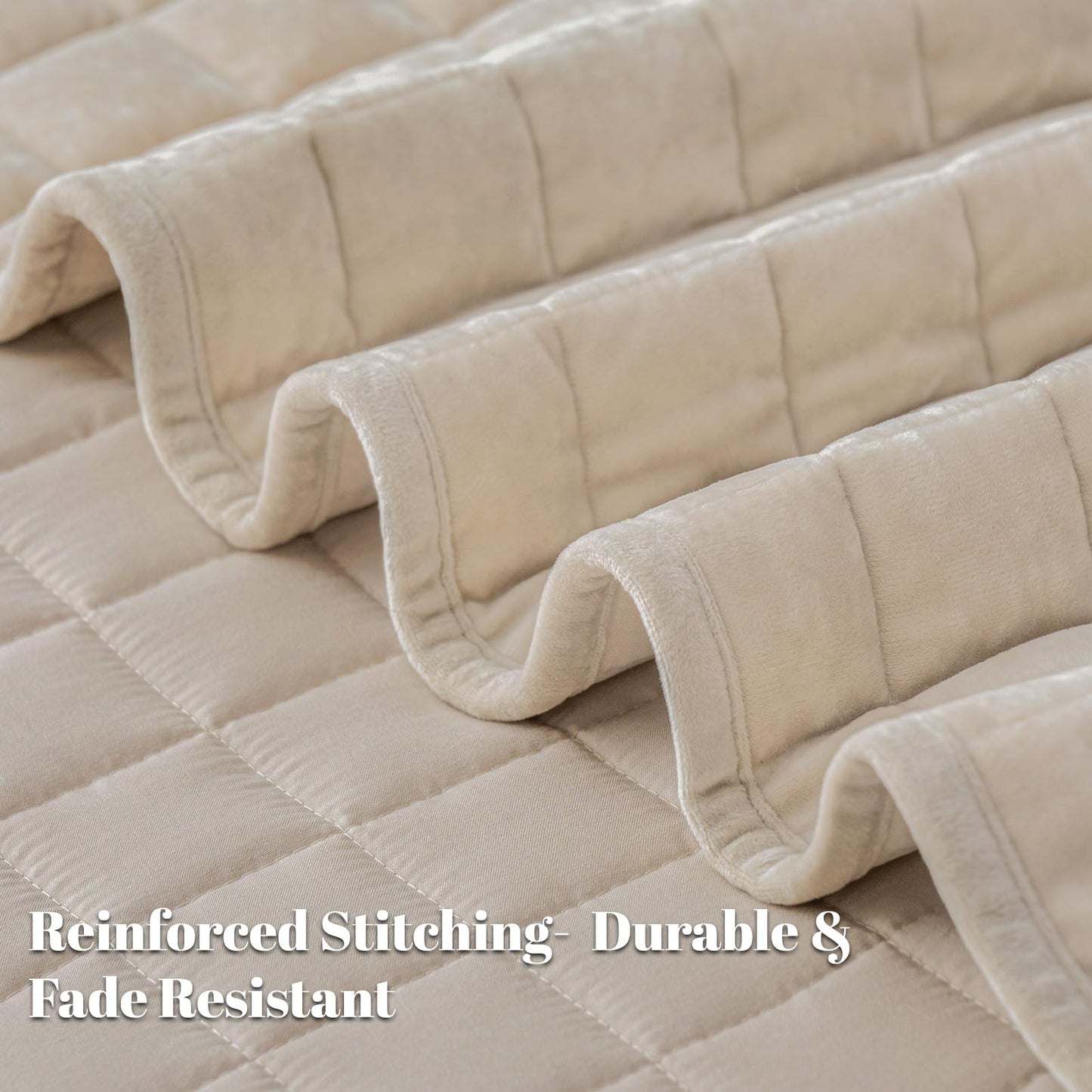 PHF Luxurious Velvet Quilt Set Queen Size – 3PCS Super Soft Quilted Comforter Alternative with Square-Box Quilt Pattern, Warm Quilted Bedspread Coverlet, 90" x 92", Oxford Tan