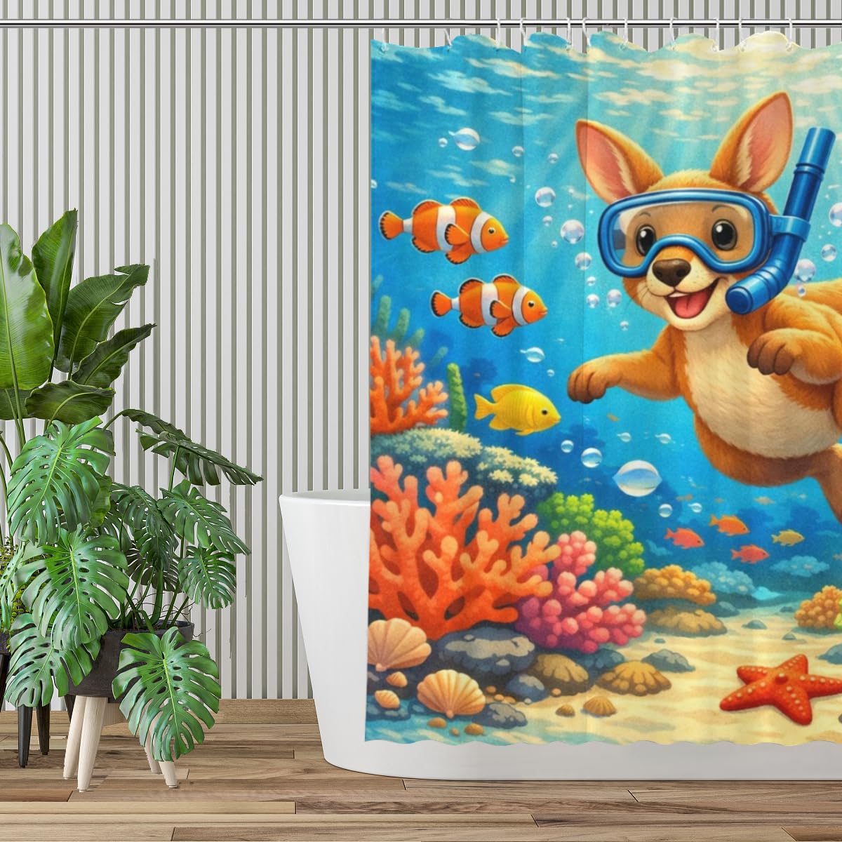 REZHOCH Kids Ocean Shower Curtain 72x72Inch Fun Kangaroo Snorkeling Underwater Tropical Fish Coral Reef Home Bathroom Decor,Boy Girl Cartoon Animal Coastal Bath Set with Hooks