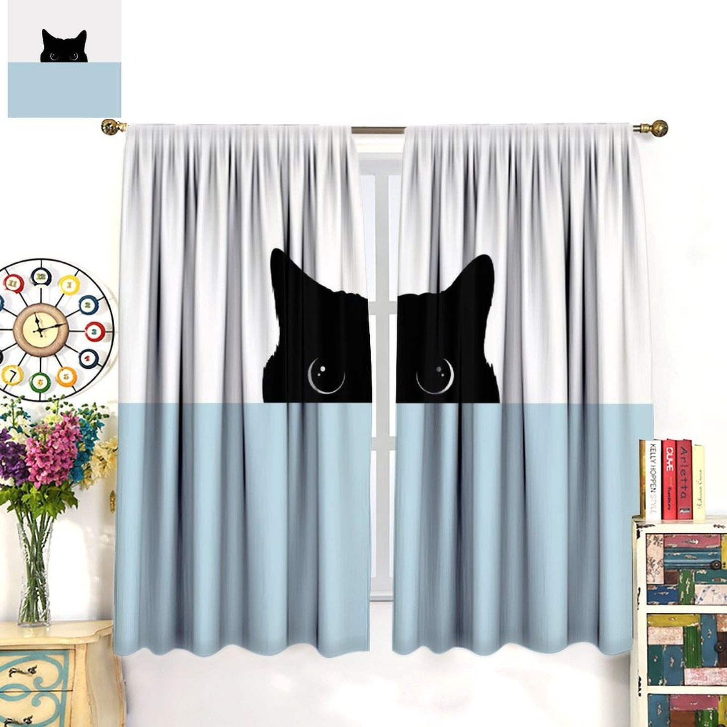 JADERYS Funny Cat Curtains Cartoon Cute Pet Animal Black Cat White Blue Bedroom Living Room Bathroom Blackout Rod Pocket Decoration Window Drapes 2 Panels W21xL45in
