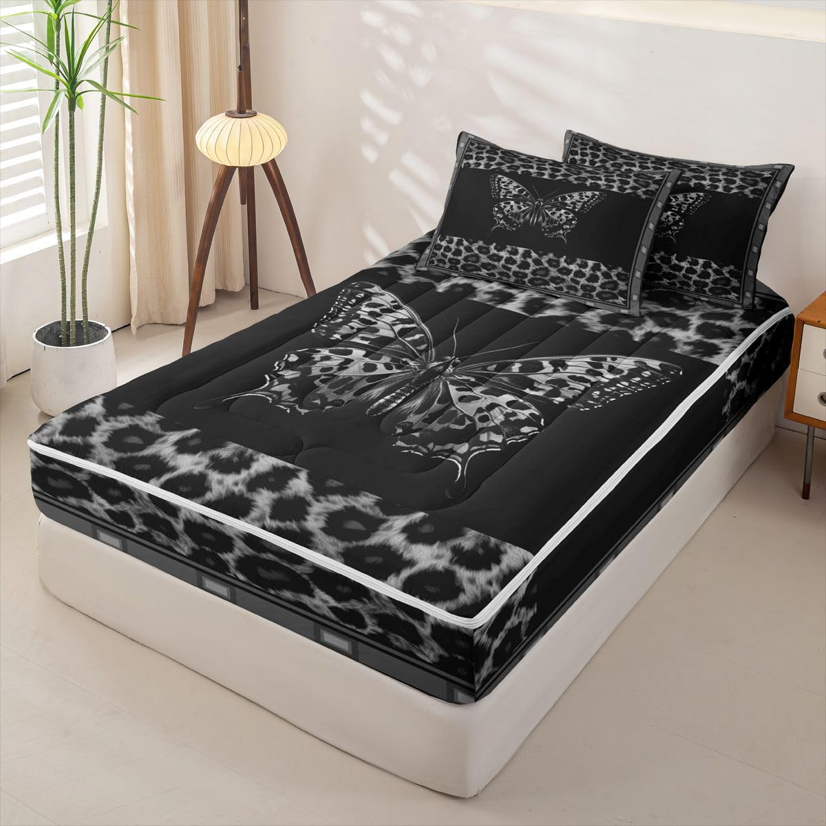 Feelyou Leopard Print Butterfly Zipper Bedding for Kids Modern Animal Fur Print Queen Comforter Set with Fitted Sheet 2 Pillowcases Cheetah Decor Bed in a Bag Soft Lightweight Microfiber