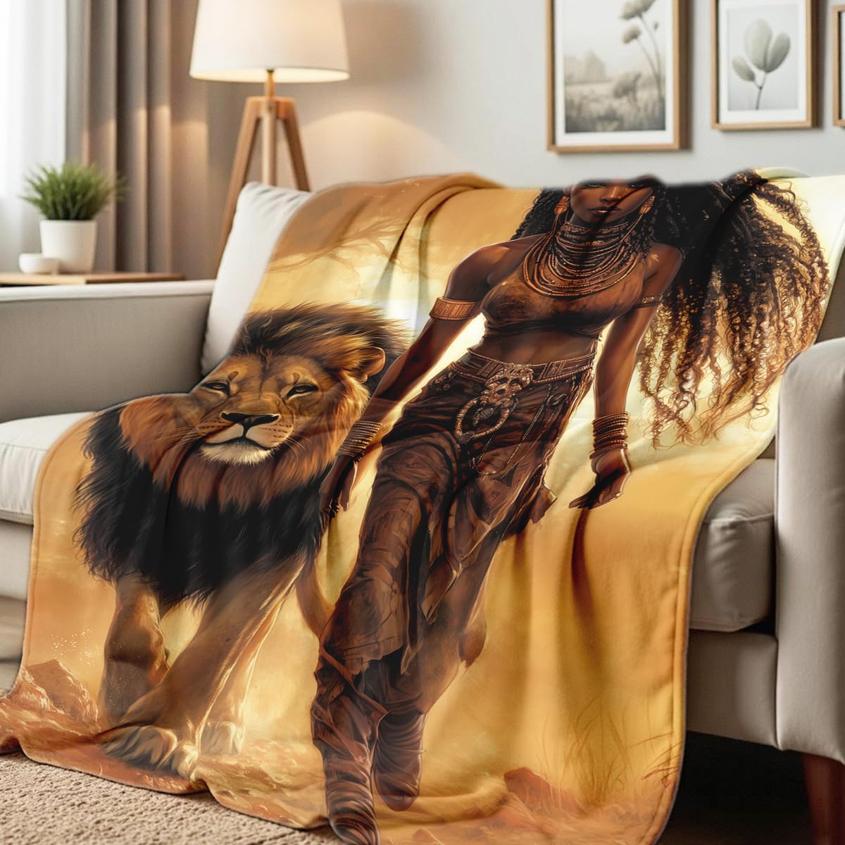 HUNXIAOJ African American Throw Blanket Lion Animals and Black Women Print Blankets Soft Flannel Bedding for Couch Bed Room Home Decor (49"x59")