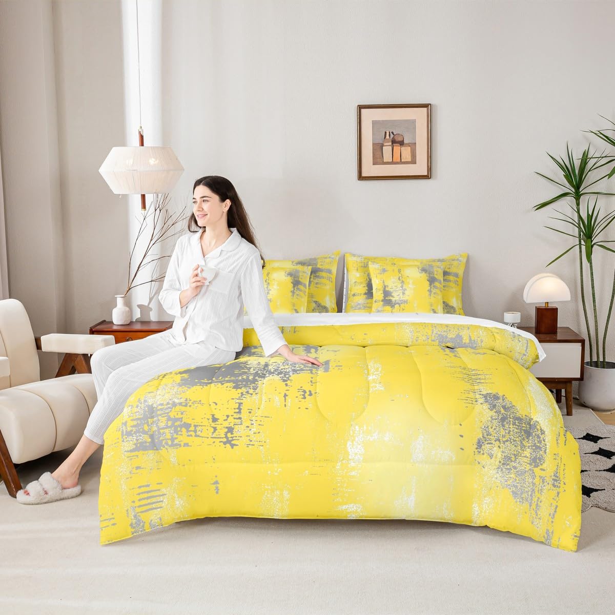 Feelyou Abstract Queen Comforter Set with Sheets for Kids Boys Girls Modern Abstract Art 7 Pieces Bedding Set Yellow Gray Bed in a Bag Luxury Room Decor Geometric Soft Lightweight Microfiber