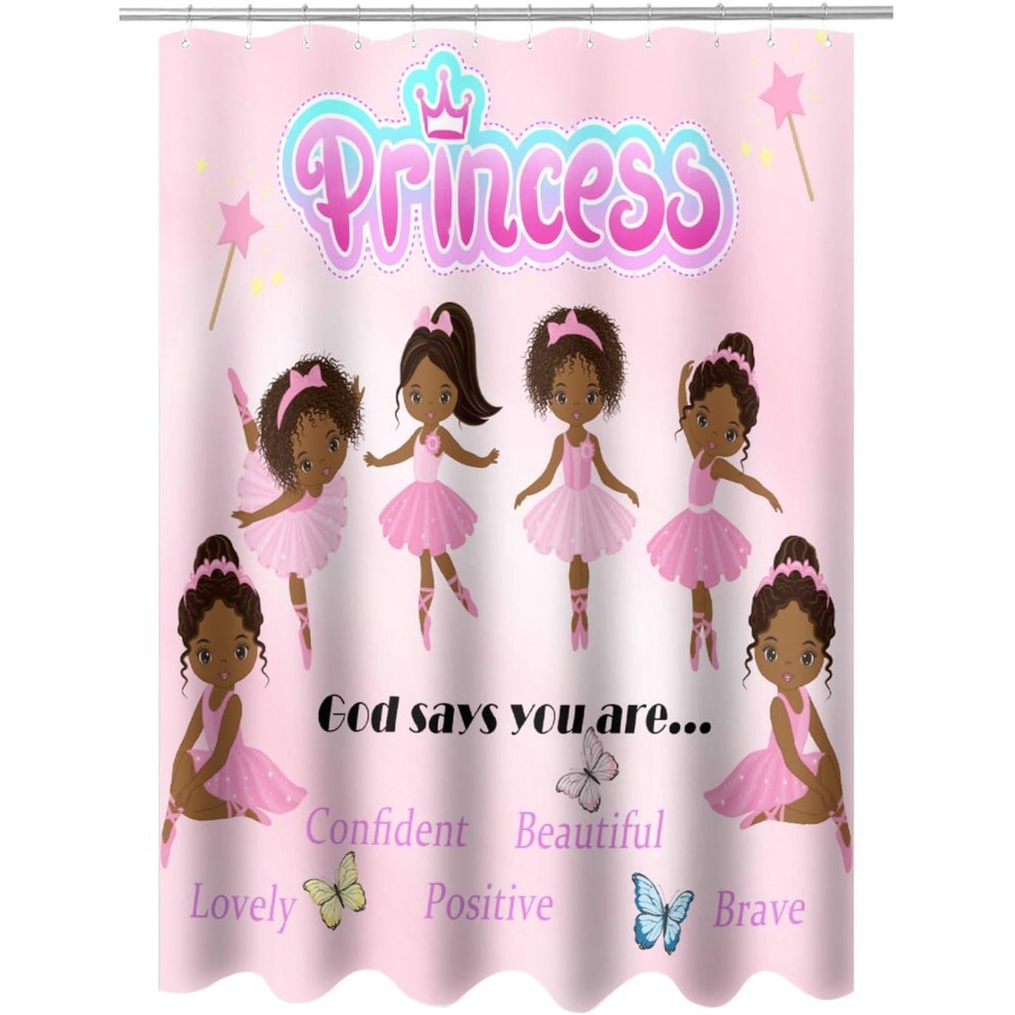 DDCBNS Ballerina Princess Pink Shower Curtain,Cute Cartoon Black Girls Print Shower Curtain for Bathroom Decor Fabric Waterproof Upholstery Hook 66x72 Inches