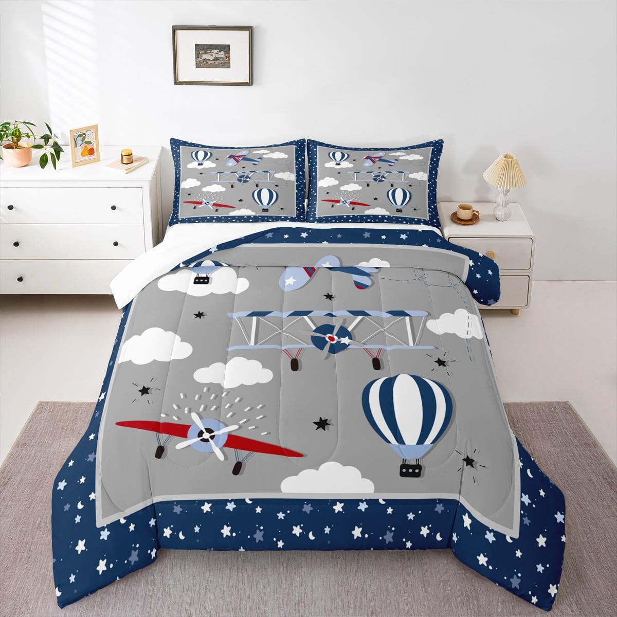 Airplane Bedding Set Twin Size for Kids Boys Bedroom Decor,Cartoon Aircraft Comforter Sets Teens Quilts Hot Air Balloon Cloud Starry Moon Bedding Chic Grey Navy Blue Duvet Insert,1 Pillowcase