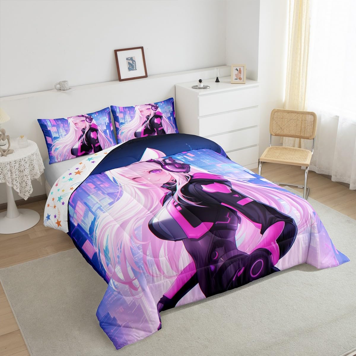 Erosebridal Twin Anime Girl Comforter Set 2 Piece, Kawaii Japanese Anime Bedding Set Cartoon Girl Bedding Comforter Sets Sci Fi Style Japanese Animation Quilt for Kids Girls Teens Adult Room