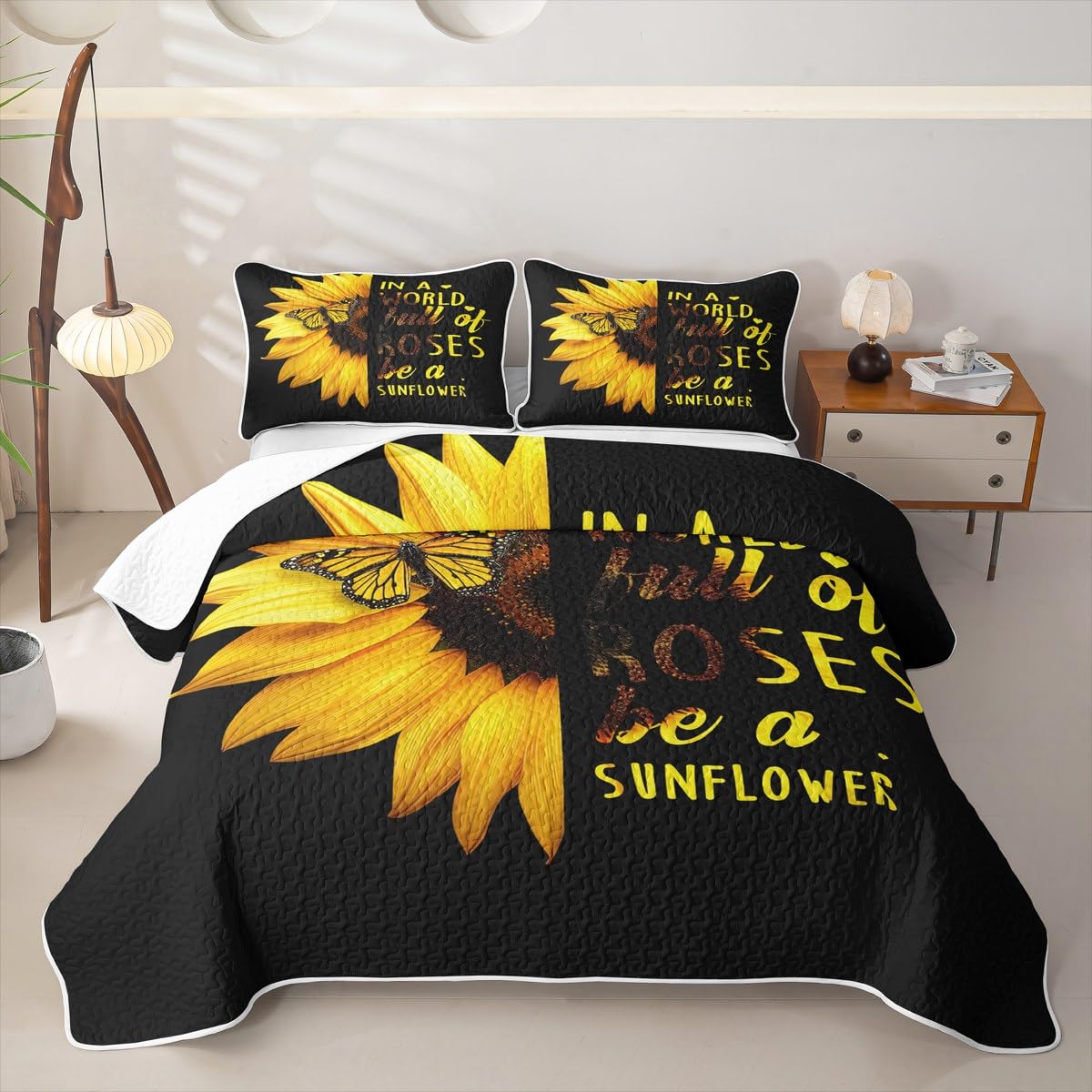 Erosebridal Sunflower Butterfly Quilt Full Yellow Floral Quilt Set Boho Chic Quilted Bedspread Spring Romantic Garden Style Bedding Coverlet with 2 Pillowcases
