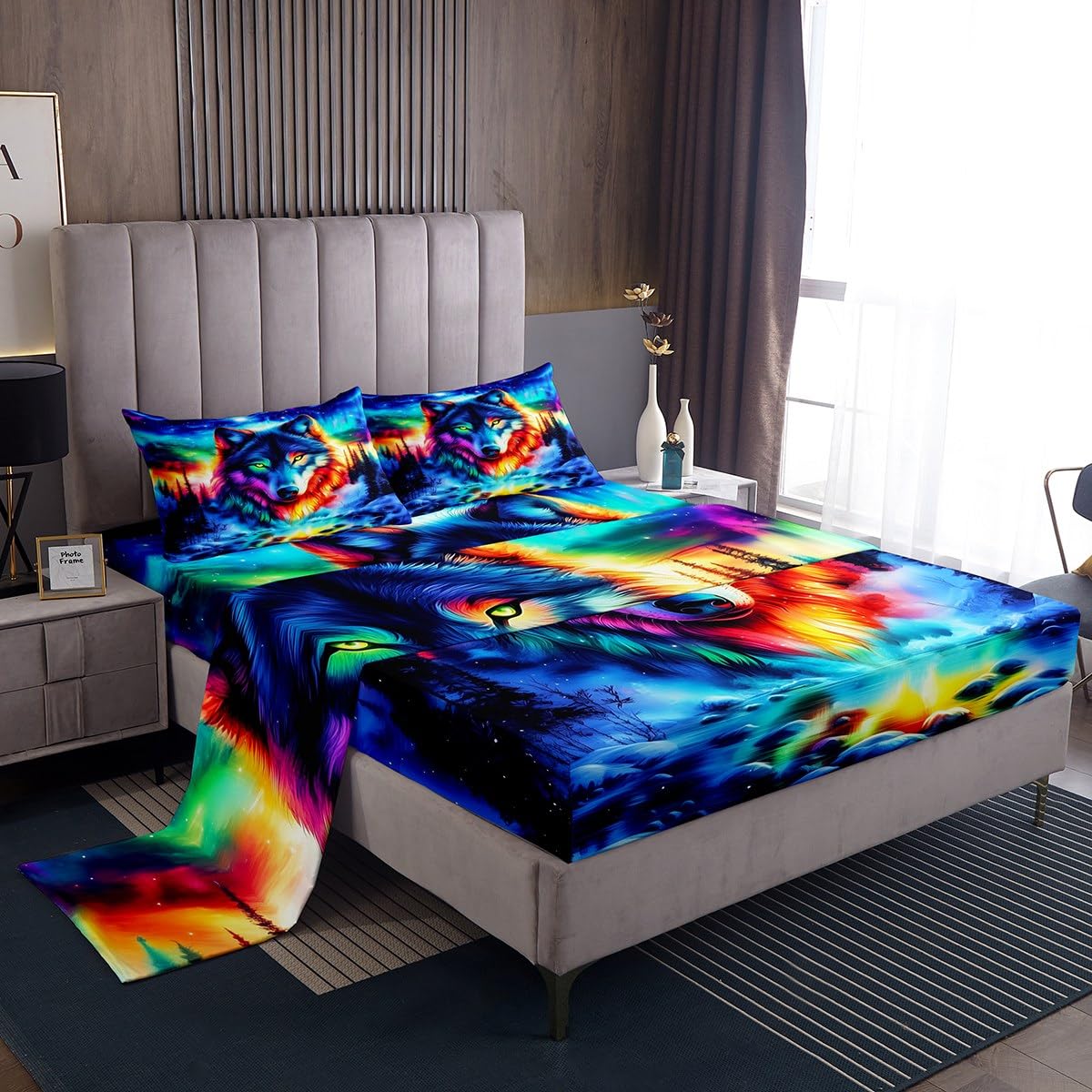 Erosebridal Wolf Full Bed Sheets Set Tribal Animal Flat Fitted Sheet Jungle Wildlife Bedding Set for Children Adult Women Men,Blue Starry Sky Natural Aurora Bedding Sets Watercolor, 2 Pillow Cases