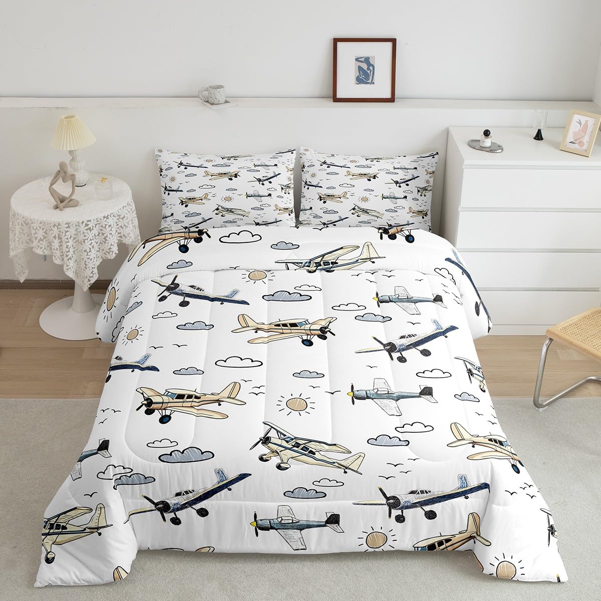Manfei Kids Airplane Kids Comforter Full,Toddler Cartoon Plane Bedding Set for Teens Youth Children Men,Boys Teens Airplane Reversible Quilt Sets,Aviation Theme Bedding Comforter Set