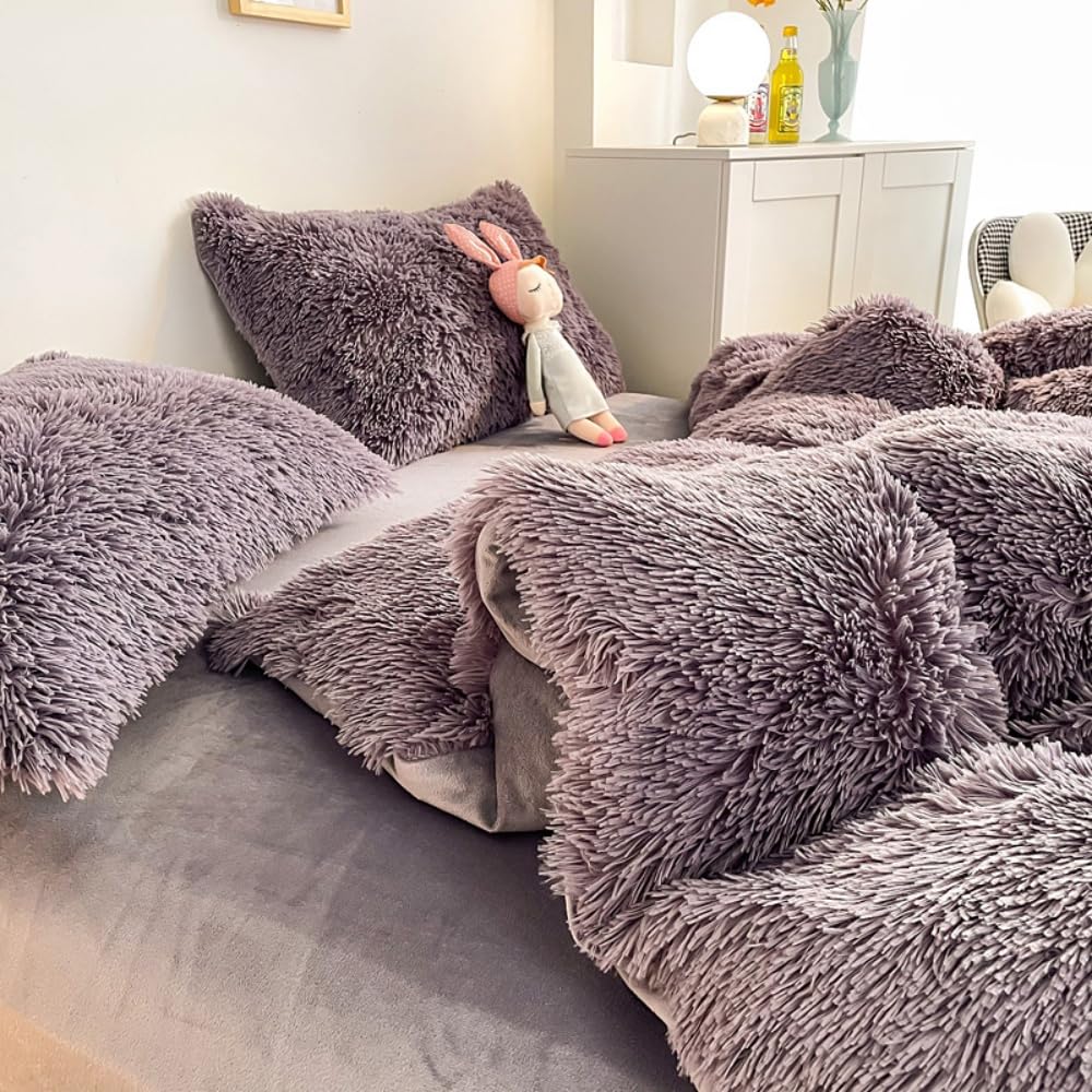 chovy Faux Fur Plush Purple Comforter Sets Queen - Ultra Soft Shaggy Flannel Velvet Fluffy Fuzzy 3PC Bedding Set （Comforter x 1 Pillowcases x 2）