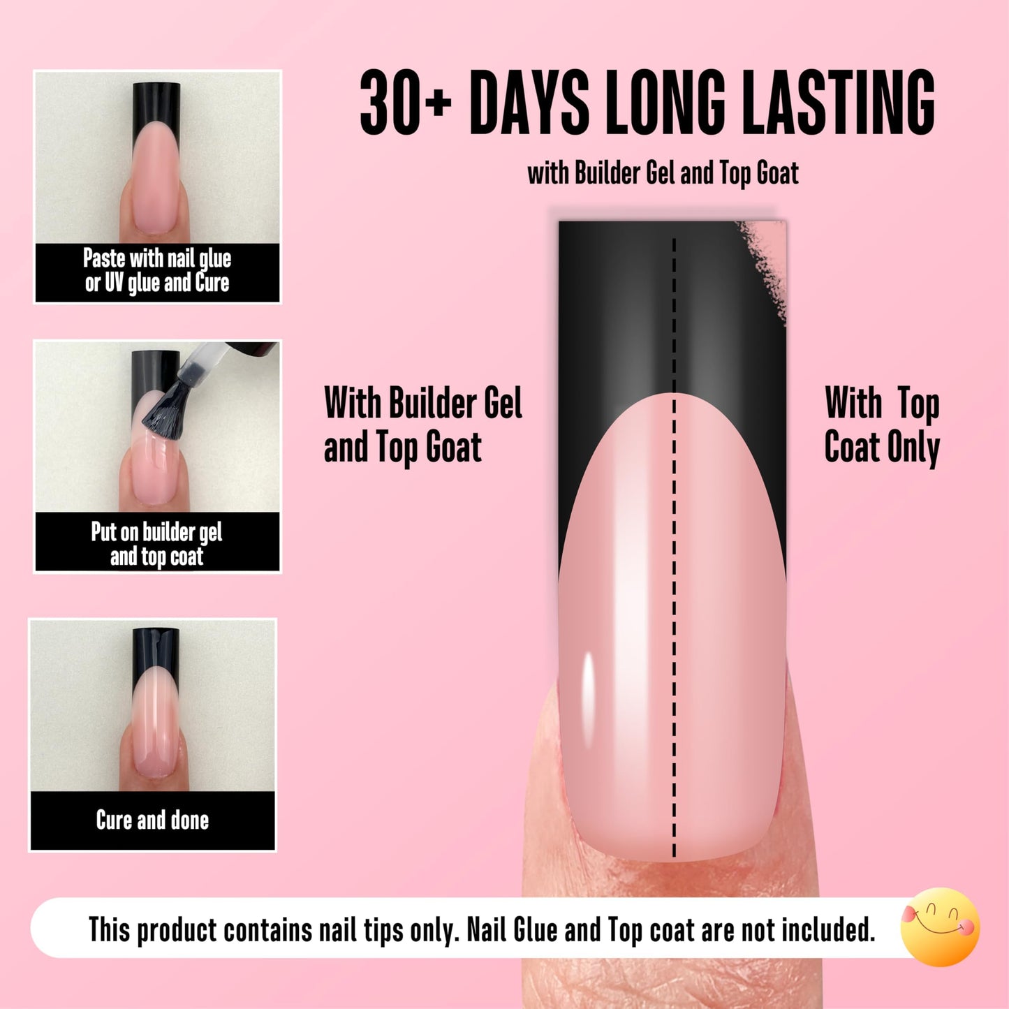 NOVO OVO Soft Gel Nail Tips Long Square - Black French Tip on Baby Pink Base, 180Pcs Full Cover False Nails for Gel X Extension, Sharp Shape Pre-Designed Press on Nails for DIY Home Salon (15 Sizes)