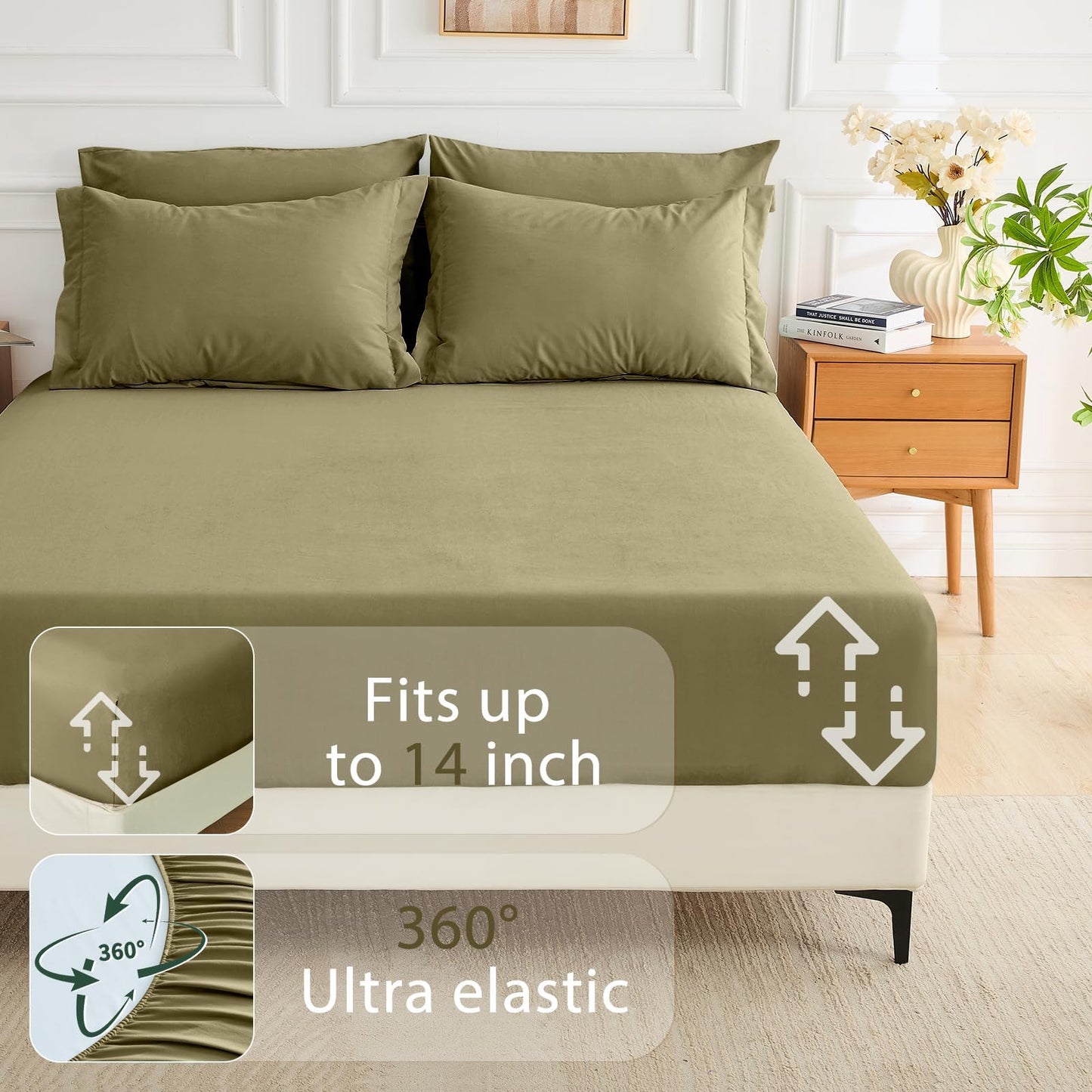 MUXHOMO 7 Pieces King Comforter Set, Soft Bed in a Bag King Size, All Season Bedding Set with Comforter, Flat Sheet, Fitted Sheet, Pillowcases & Shams, Olive Green
