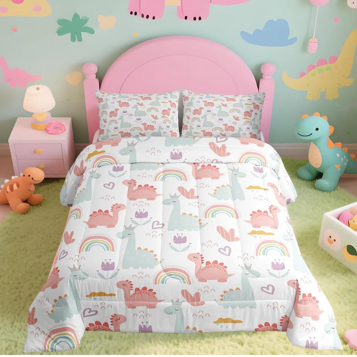 Feelyou Cartoon Dino Comforter Set Full, Pink Green Dinosaur Comforter Cute Jungle Dino Comforter Set for Kids Boys Girls Cute Rainbow Duvet Set Microfiber Quilt Set