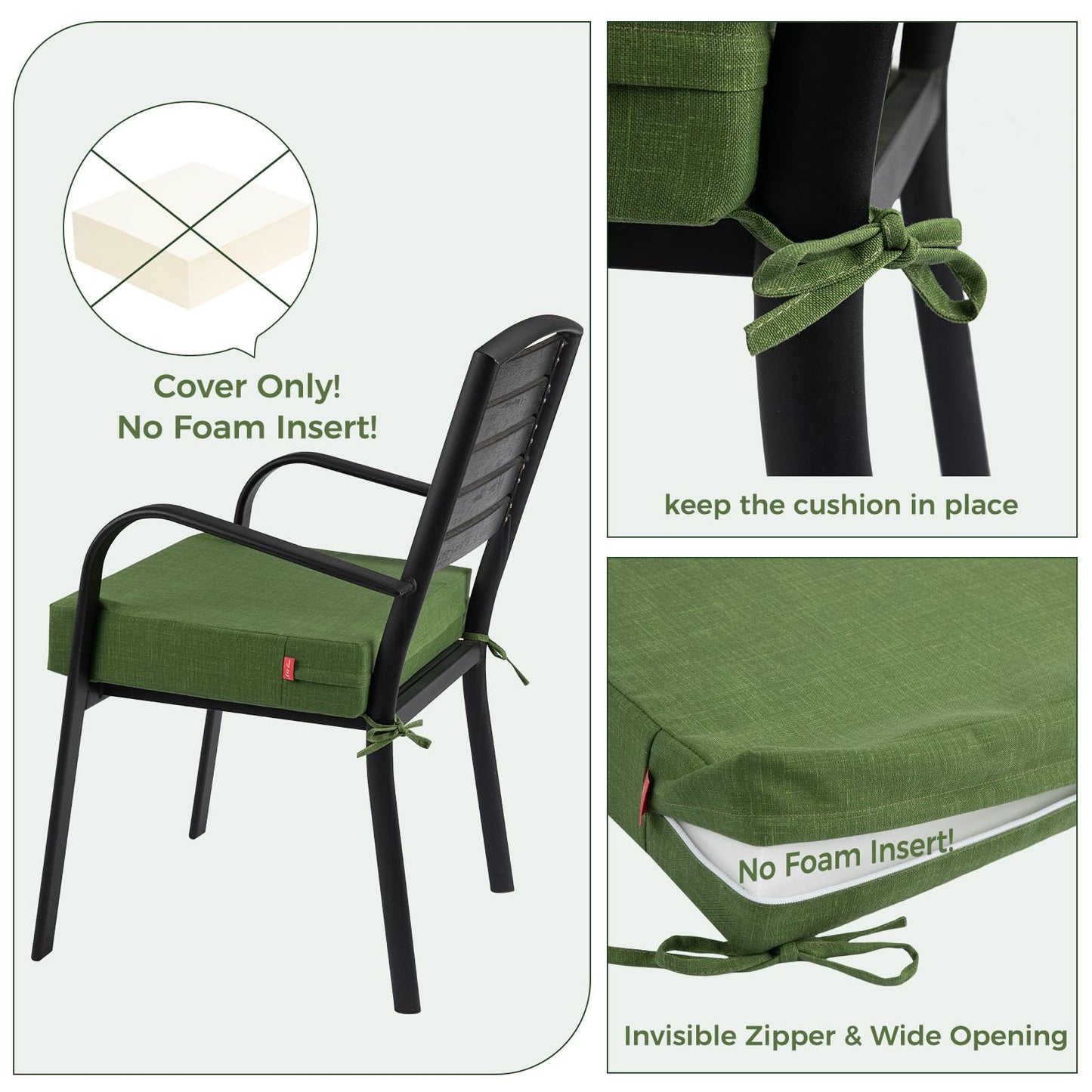 IN4 Care Patio Cushion Covers with Ties, 2 Pack, Outdoor Water Resistant Deep Seat Chair Cushion Slipcover 22x20x4 Inch for Garden Couch Sofa (Replacement Cover Only)-Tropical Linen Green
