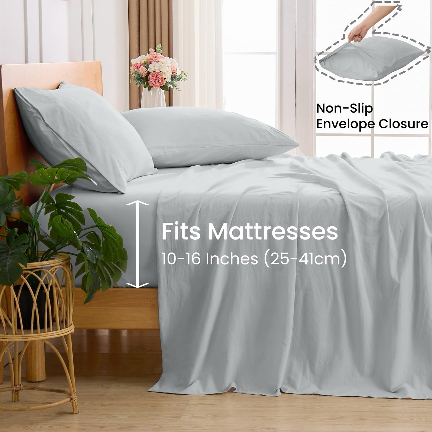GOKOTTA 4-Pcs King Size Sheets Set, 10-16" Deep Pocket, Non-Slip Elastic Corner Straps, Washed & Brushed Microfiber Polyester - Hotel Luxury, Ultra Soft, Breathable, Wrinkle-Free, Anti-Rip -Light Grey
