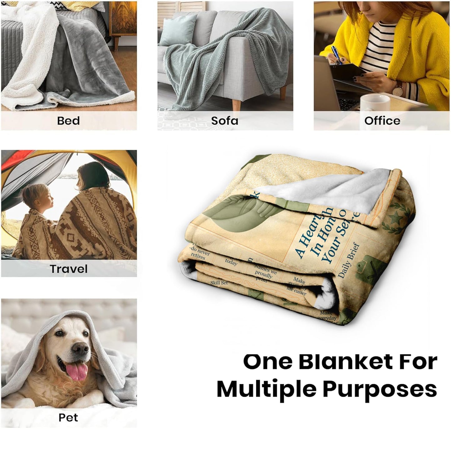 Veteran Appreciation Flannel Throw Blanket 60x50, Vintage Newspaper-Style Service Appreciation Throw, Soft Cozy Patriotic Couch or Bed for Men, Veterans Day, Retirement & Homecoming
