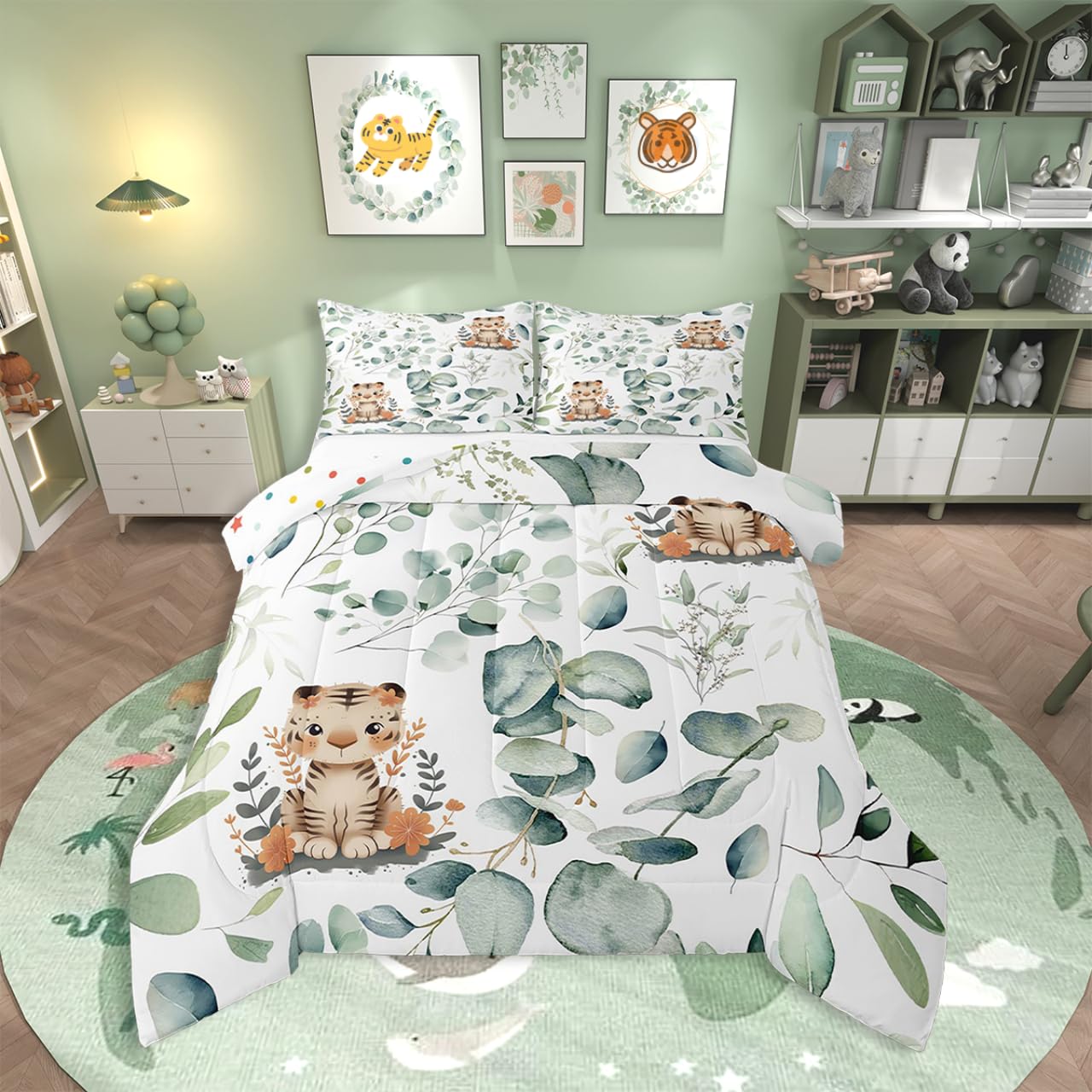 Erosebridal Kids Cute Animal Twin Comforter Set for Girls Boys Cartoon Tiger Bedding Set Twin, Spring Eucalyptus Bedding Comforter Sets Leaves Duvet Set, Kawaii Jungle Animal Quilted Comforter