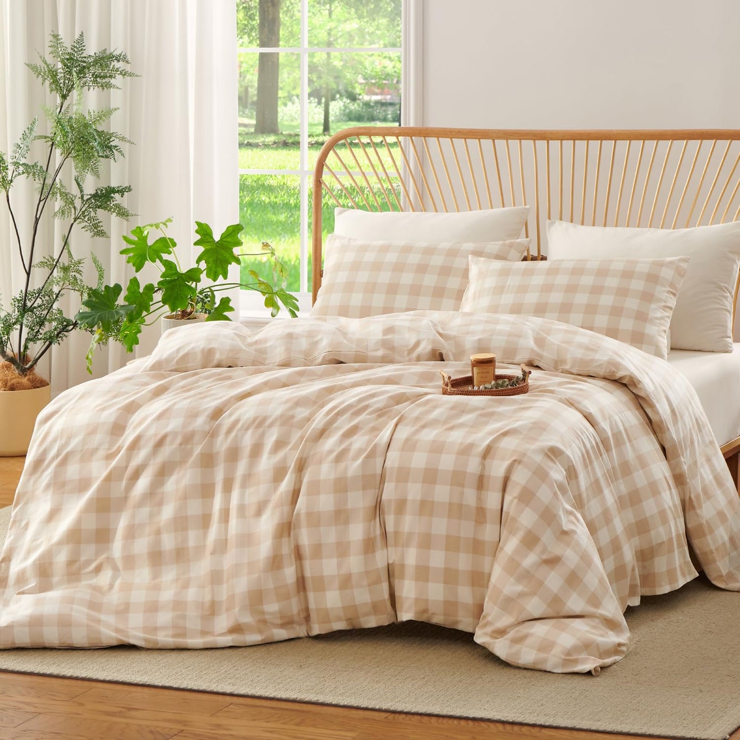 Jolusere Gingham Duvet Cover Queen 3 Pieces 100% Cotton Duvet Cover Beige Plaid Bedding Set Orange Tan Farmhouse Checkered Grid Comforter Cover with 2 Pillowcases