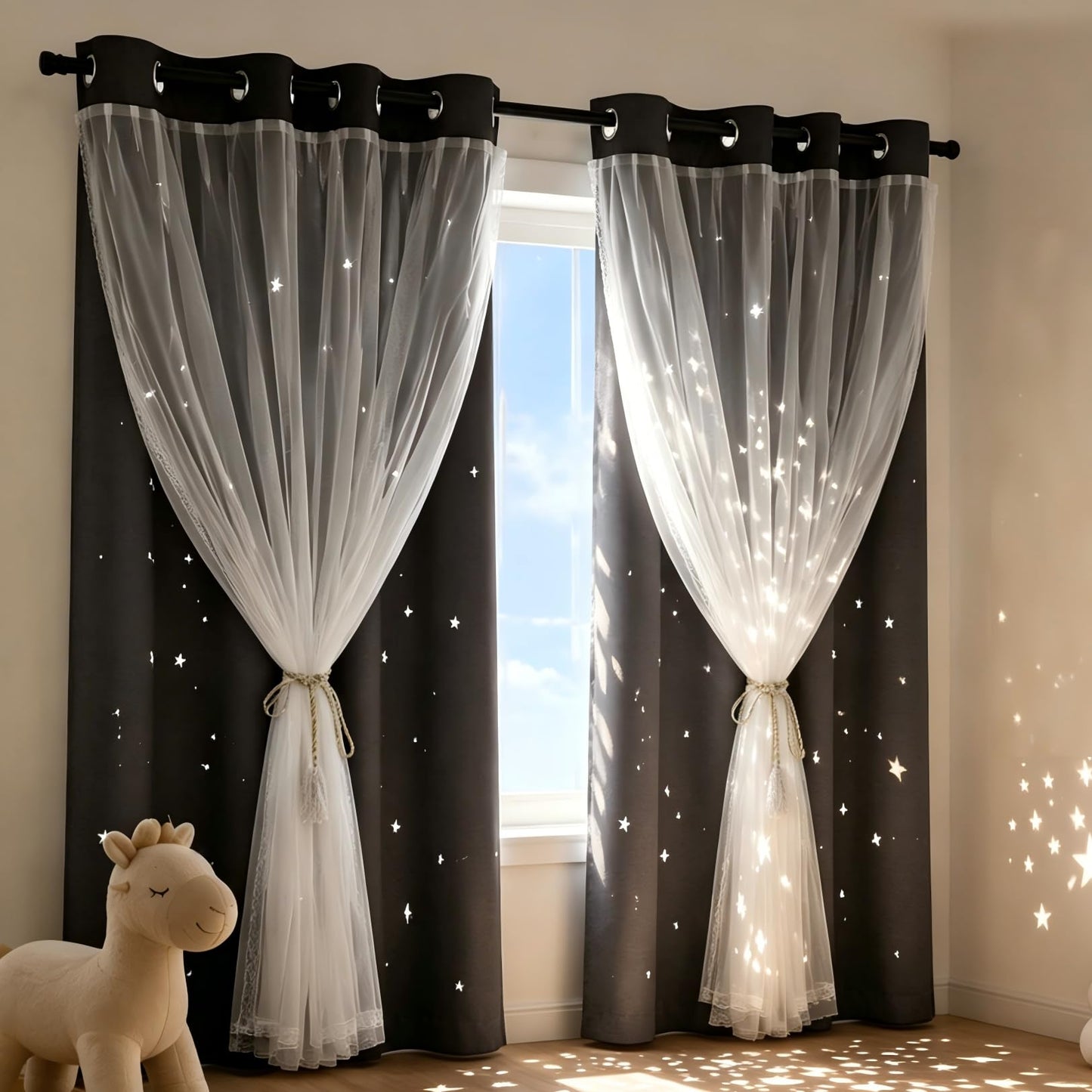 Kinryb Grey Star Curtains for Bedroom Star Hollow Out Blackout Curtains for Kids Room Decor Double Layer Cut Out Window 2 Panel with Tiebacks 52W x 84L Grey