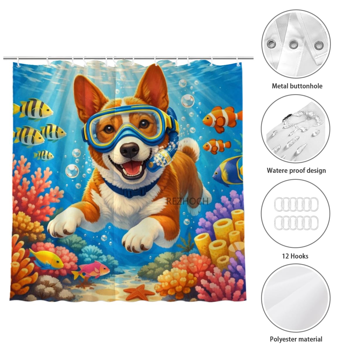 REZHOCH Kids Ocean Shower Curtain 72x72Inch Fun Basenji Snorkeling Underwater Tropical Fish Coral Reef Home Bathroom Decor,Boy Girl Cartoon Animal Coastal Bath Set with Hooks