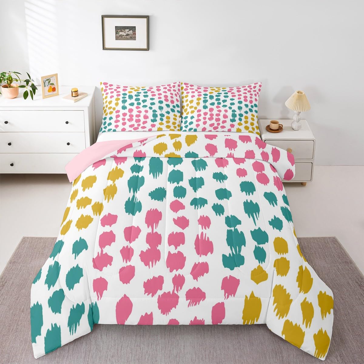 Erosebridal Abstract Spots Kids Comforter Sets Polka Dots Queen Bedding Set for Boys Girls Boho Brush Stroke Comforter Set,Geometric Circle Quilt Duvet 3 Pcs
