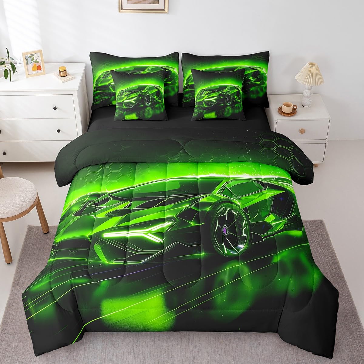 Feelyou Kids Boys Race Car 7 Piece Bedding Set Full Size Green Sports Car Comforter Set with Sheets for Kids Teens Boys Girls Extreme Sports Theme Bed in a Bag Speed Luxury Car Bed Set