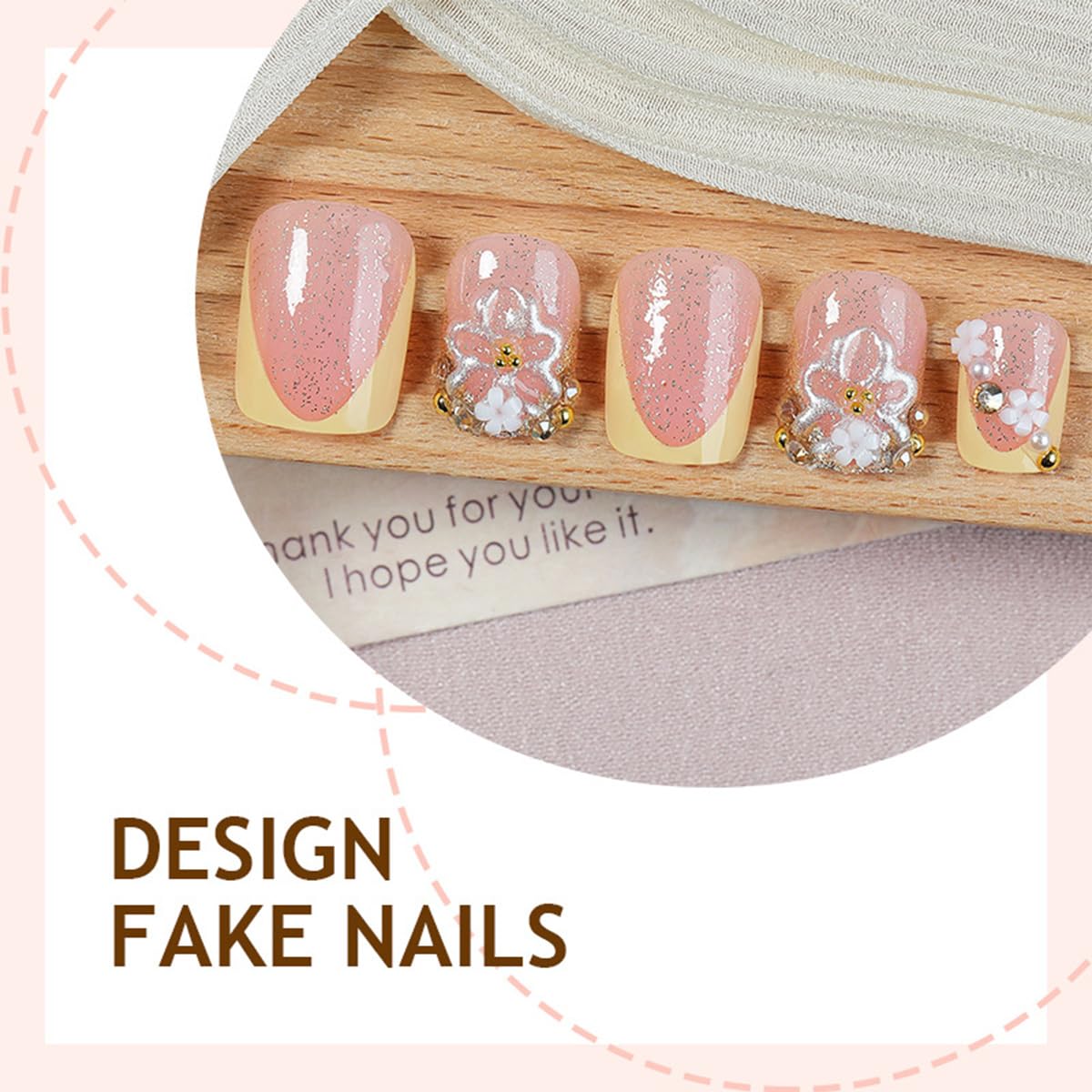 24Pcs Cute Flower Press on Nails Short Square French Tip Fake Nails with 3D Gold Rhinestones Design Nude Full Cover Artificial Glue on Nails Spring Summer Stick on Nails for Women Acrylic Manicure DIY