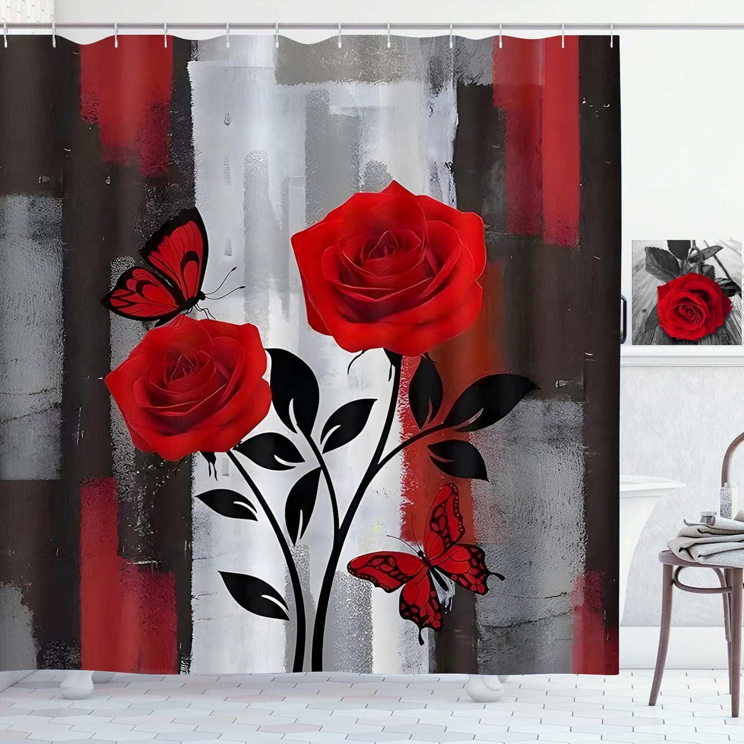ZCHOMI Red Rose Shower Curtain Black and Red Rose Floral Shower Curtains for Bathroom Waterproof Polyester Fabric Bathroom Curtain 72 x 72 Inch with 12 Plastic Hooks