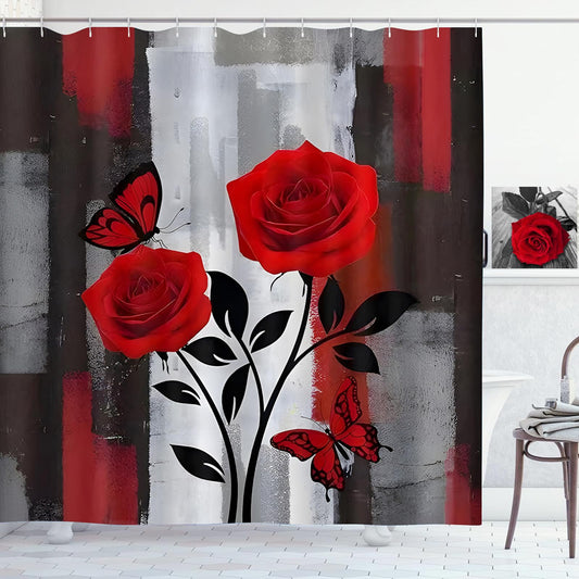 ZCHOMI Red Rose Shower Curtain Black and Red Rose Floral Shower Curtains for Bathroom Waterproof Polyester Fabric Bathroom Curtain 72 x 72 Inch with 12 Plastic Hooks