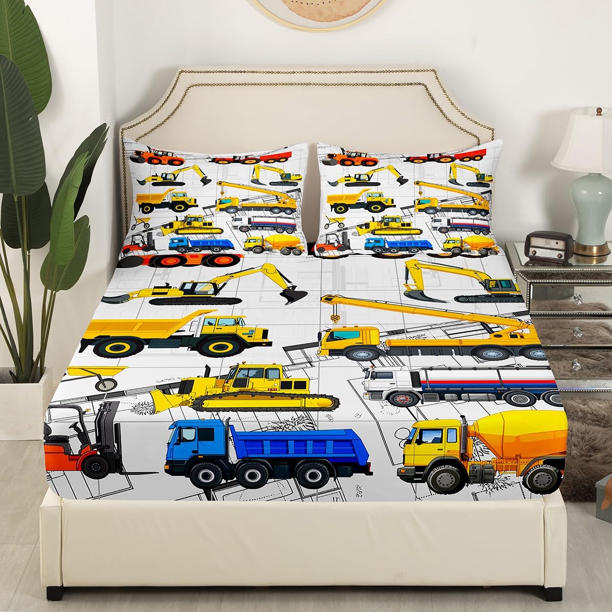 Erosebridal Excavator Bedding Sets Dump Truck Fitted Sheet Twin Size, Cartoom Vehicles Construction Bed Sheet for Boys Teens Child, Kids Car Theme Bedroom Decor Yellow Red Blue