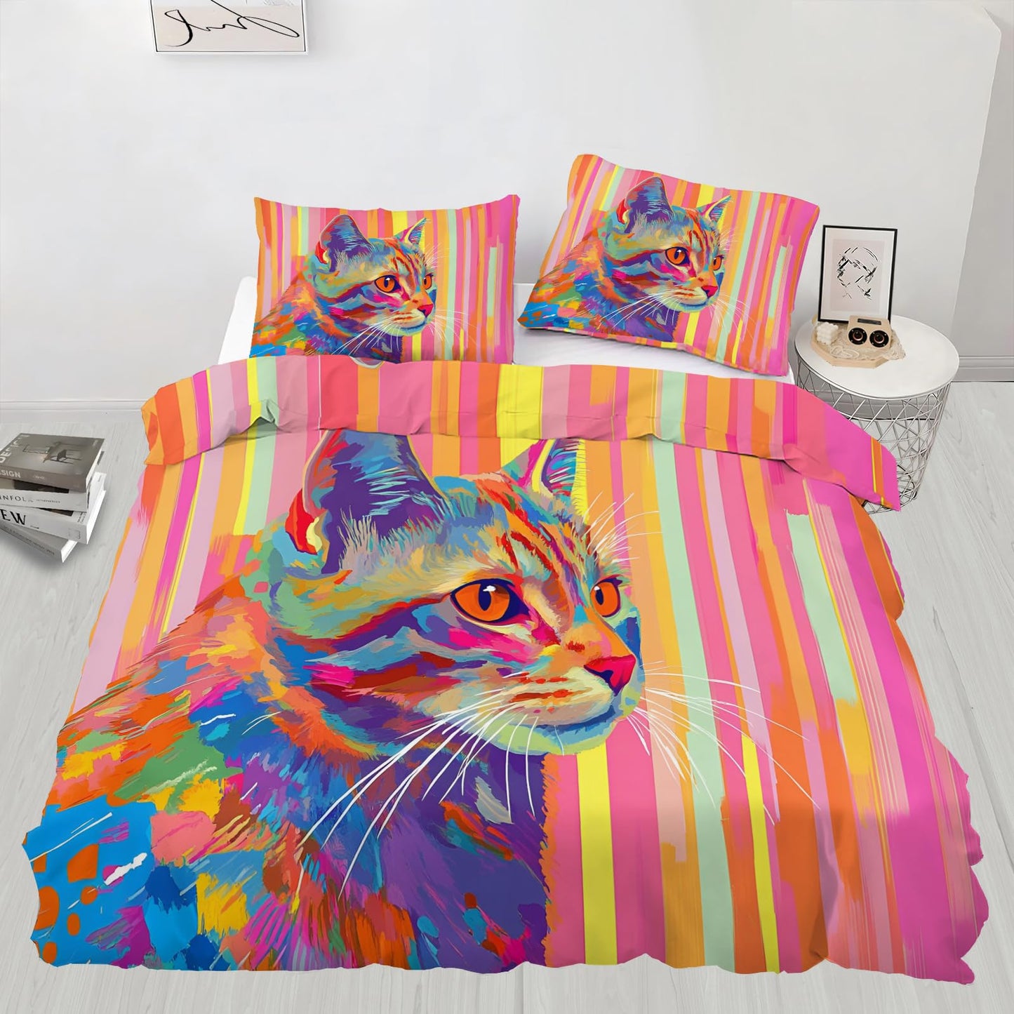 ZAMODE Colorful Kitten Duvet Cover Queen Size, Cute Cartoon Cat Comforter Cover 90" x 90", Dreamy Pets Bedding Set with 2 Pillowcases