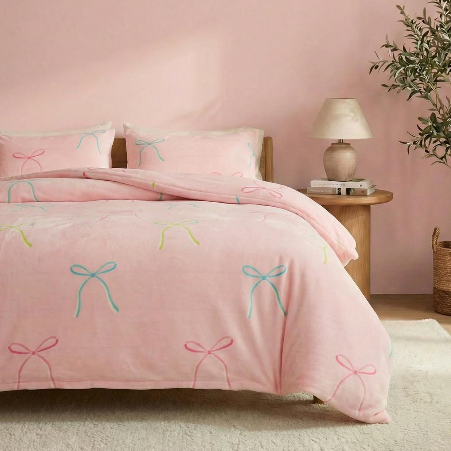 Bedbay Pink Bow Comforter Set King Size Warm Fluffy Fleece Bedding Set Cute Bowknot Teen Girls Ultra Soft Plush Velvet Comforter King Bed Set Sweet Bow Tie Dreamy Princess Style Bedding 3 Pcs