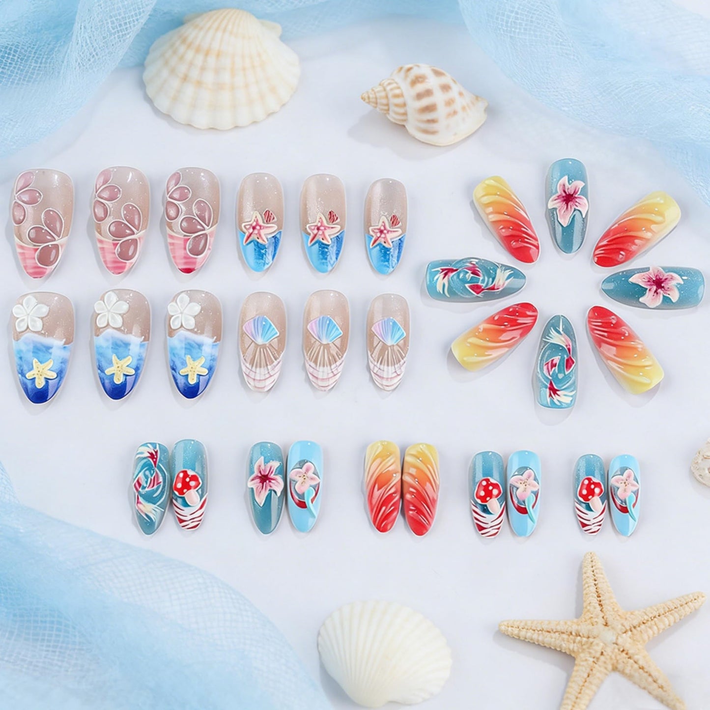 octoswave Long Almond Press on Nails 3D Summer Beach Fake Nails Ocean Wave Starfish Shell False Nails for Women Vacation Party Manicure 30Pcs