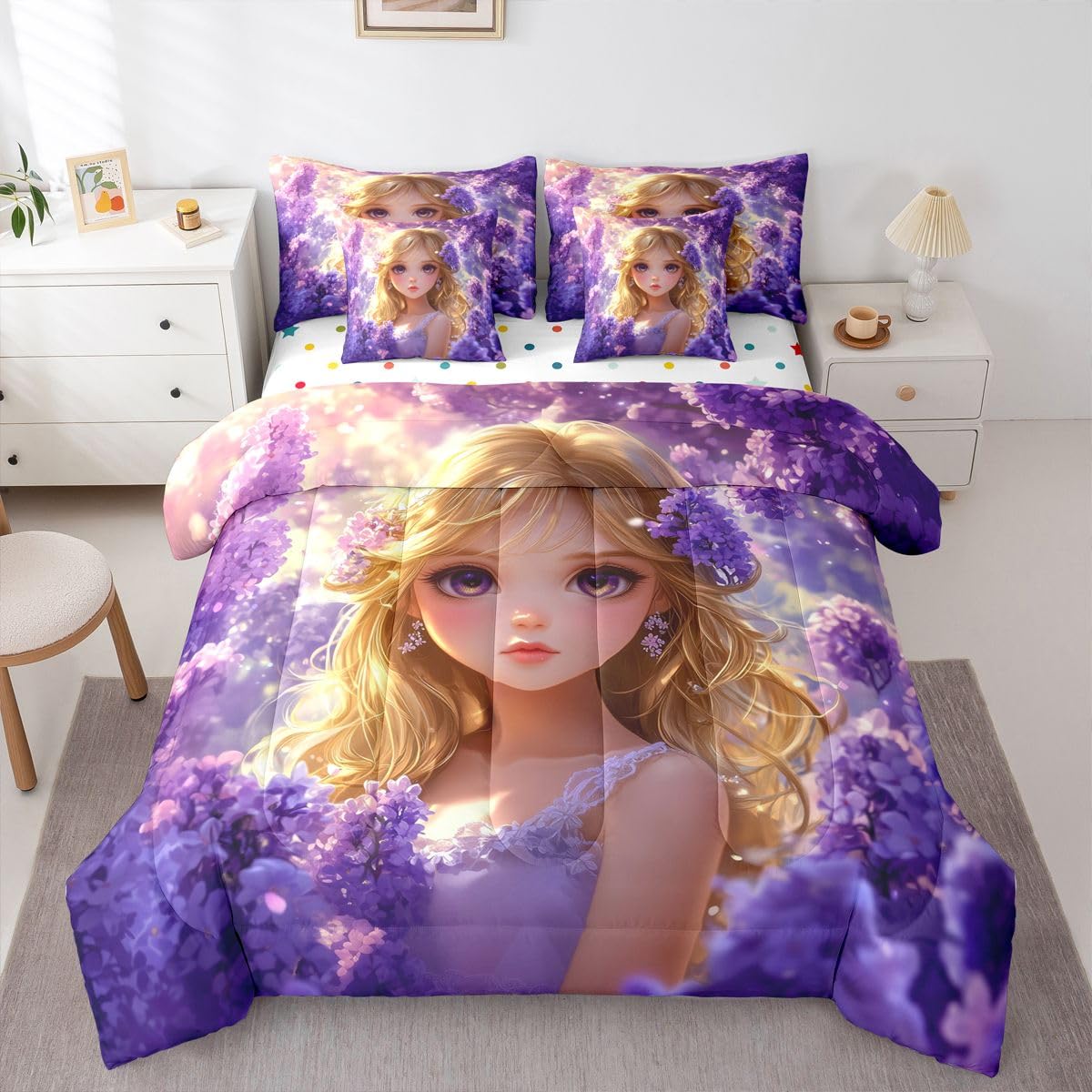 Erosebridal Japanese Anime Bed in A Bag for Kids Girls,Kawaii Lavender Girl Bedding Set Romantic Dreamy Cartoon Girl Twin Comforter Set 7 Piece Purple Aesthetic Cherry Blossom Butterfly Bed Set