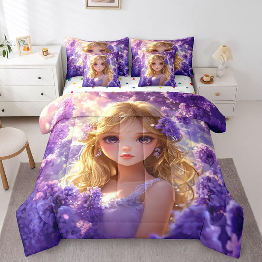 Erosebridal Japanese Anime Bed in A Bag for Kids Girls,Kawaii Lavender Girl Bedding Set Romantic Dreamy Cartoon Girl Twin Comforter Set 7 Piece Purple Aesthetic Cherry Blossom Butterfly Bed Set