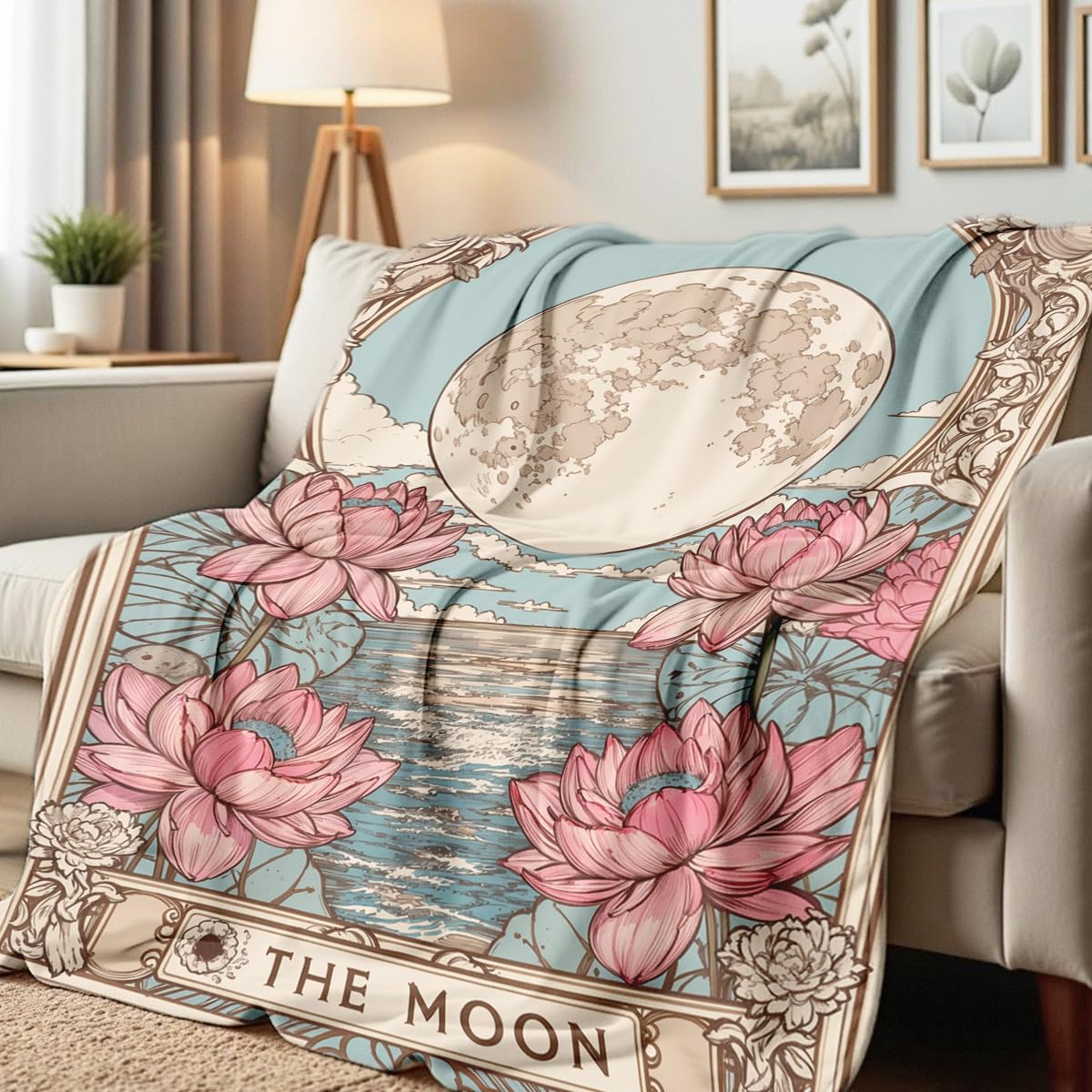 HUNXIAOJ Sun Moon Celestial Print Blanket Boho Celestial Flannel Throw Beige Blanket Throw for Couch Bed Home Living Room Boho Decor Gifts for Kids Adult (59"x78")