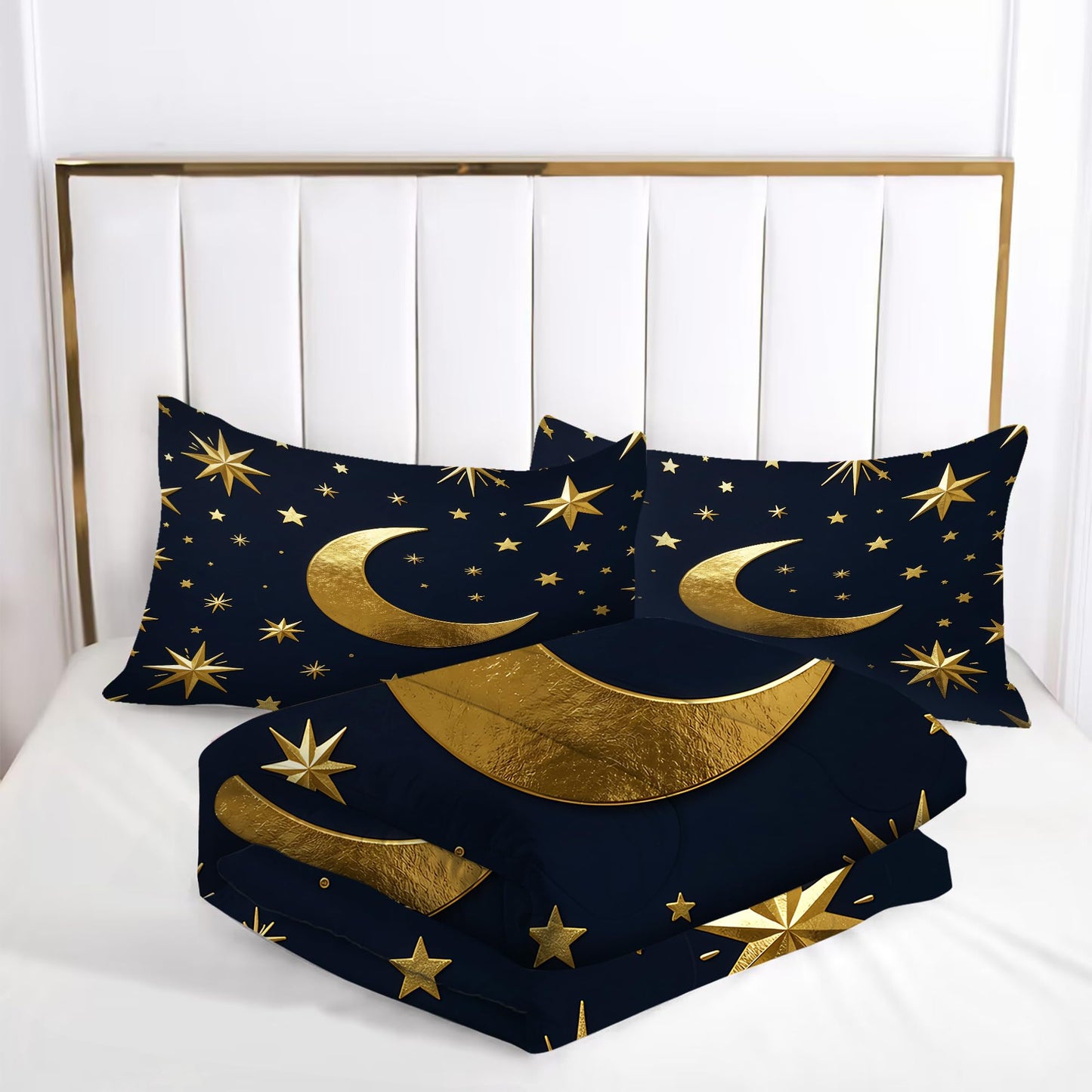 VTKON Gold Moon and Stars Bedding Set, Luxury Celestial Night Sky Comforter Set, Gold Starry Print Bed Set for Girls Bedroom Decor (Queen Size 3Pcs with 2 Pillow Cases)