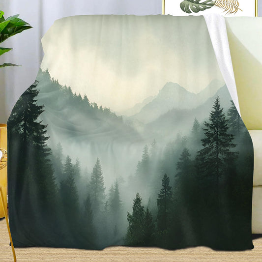 PAOABIU Foggy Forest Blankets, Misty Woodlands Throw Blanket for Couch Bed Sofa, Teal Blankets and Throws - Super Soft Cozy Plush Flannel Blanket Gifts & Decor, 66x90