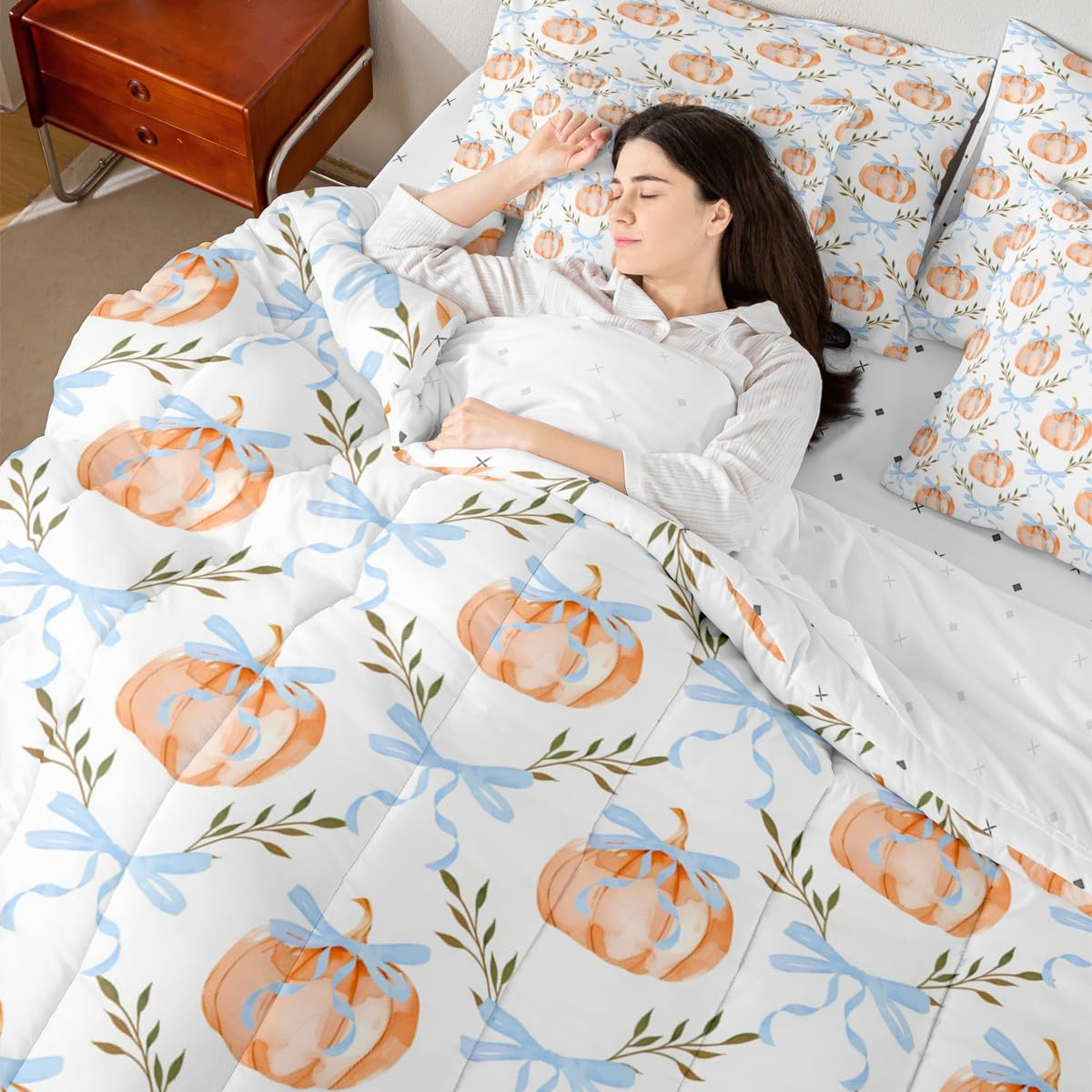 7 Pieces Bow Pumpkin Comforter Set Full Size,Blue Bowknot Lines Bedding Sets Kids Girls Boys Women Palm Leaves Plaid Autumn Plants Quilt + Fitted & Flat Sheets + 2 Cushion Cover + 2 Pillowcases