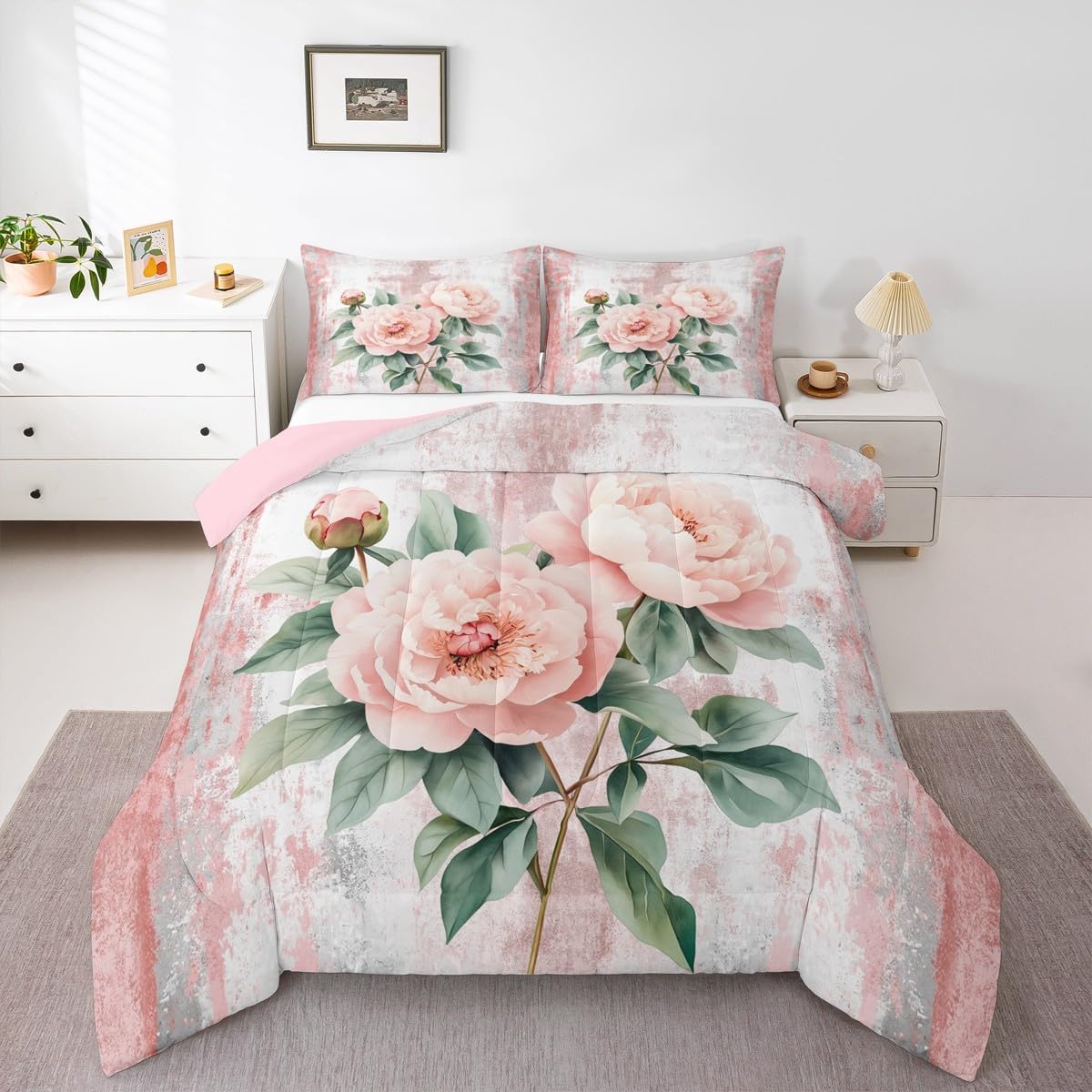 Erosebridal Pink Peony Flower Queen Comforter Set Spring Blossom Bedding Set Abstract Oil Painting Bed Set Watercolor Floral Rustic Farmhouse Quilt Set Ombre Pink Grey Design for Adults