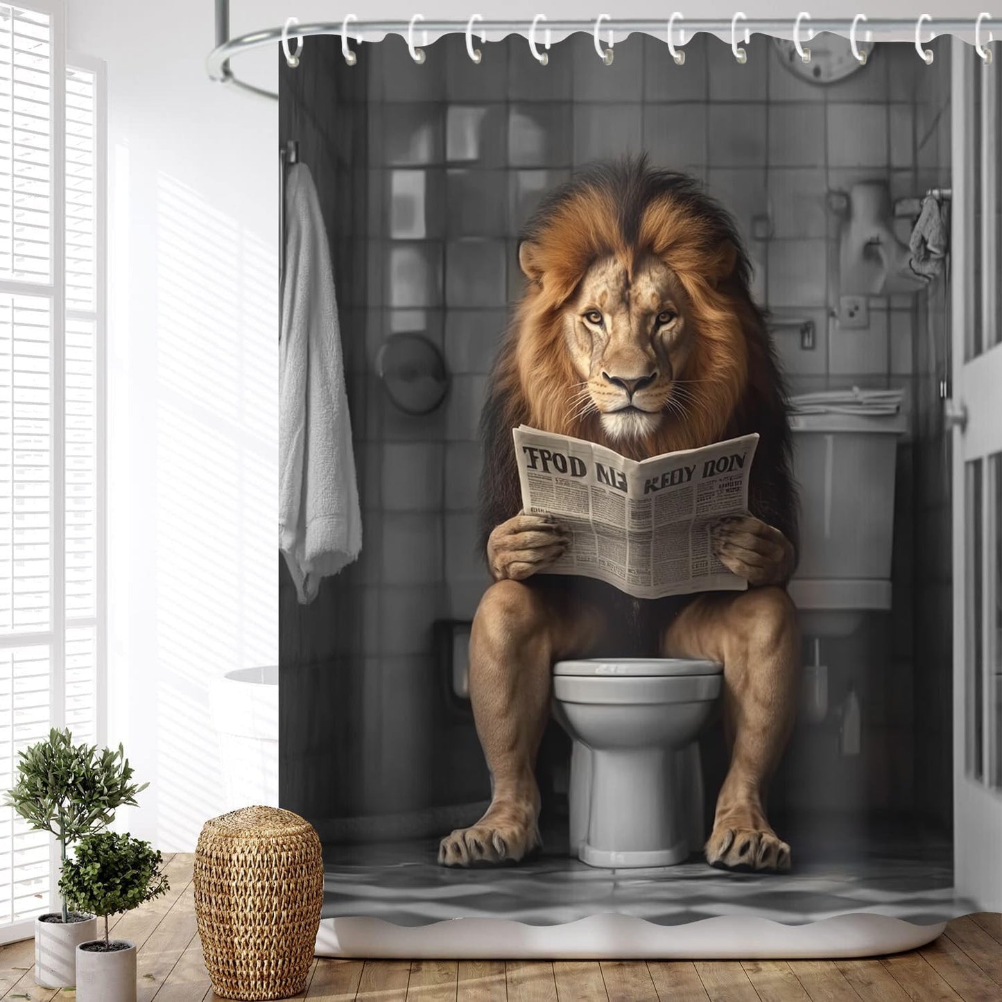 JAWO Funny Shower Curtain Farmhouse Cool Lion Shower Curtains for Bathroom Grey Brown Humor Animal Reading on Toilet Vintage Western Large Cat Bathroom Curtain Polyester Fabric Set Hooks 72X72