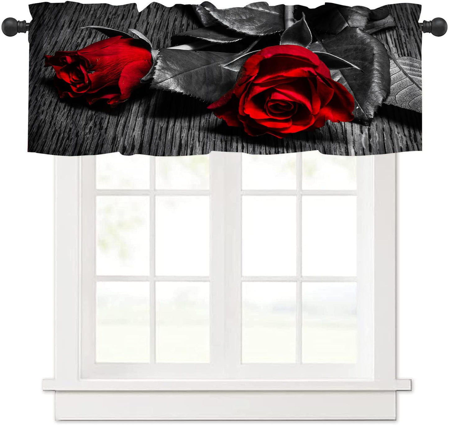 AAVEUP Rose Valance Curtain Romantic Retro Country Style Black and White Elegant Art Red Rose Valances Window Treatment for Kitchen Girls Bedroom Living Room 54x18In