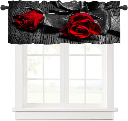 AAVEUP Rose Valance Curtain Romantic Retro Country Style Black and White Elegant Art Red Rose Valances Window Treatment for Kitchen Girls Bedroom Living Room 54x18In