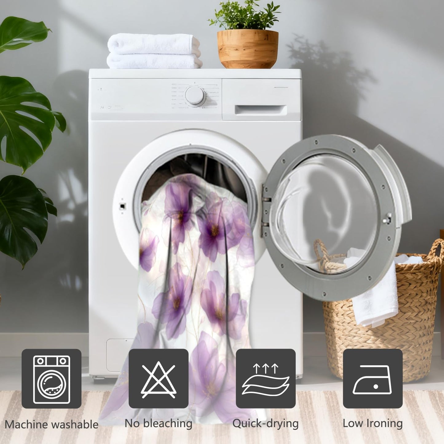 NAEMBCU Purple Floral Shower Curtain with Hooks - 72x72 Inch Waterproof Fabric Bathroom Curtain with Watercolor Abstract Flower Pattern, Washable Bath Curtain for Modern Glam Interiors