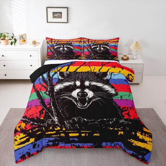 Erosebridal Raccoon Pattern Comforter Set Cartoon Wild Animals Full Size Bedding Sets for Child Boys | Watercolor Western Rustic Comforter Wild Safari Theme Bed Set, Kawaii Room Decor Aesthetic