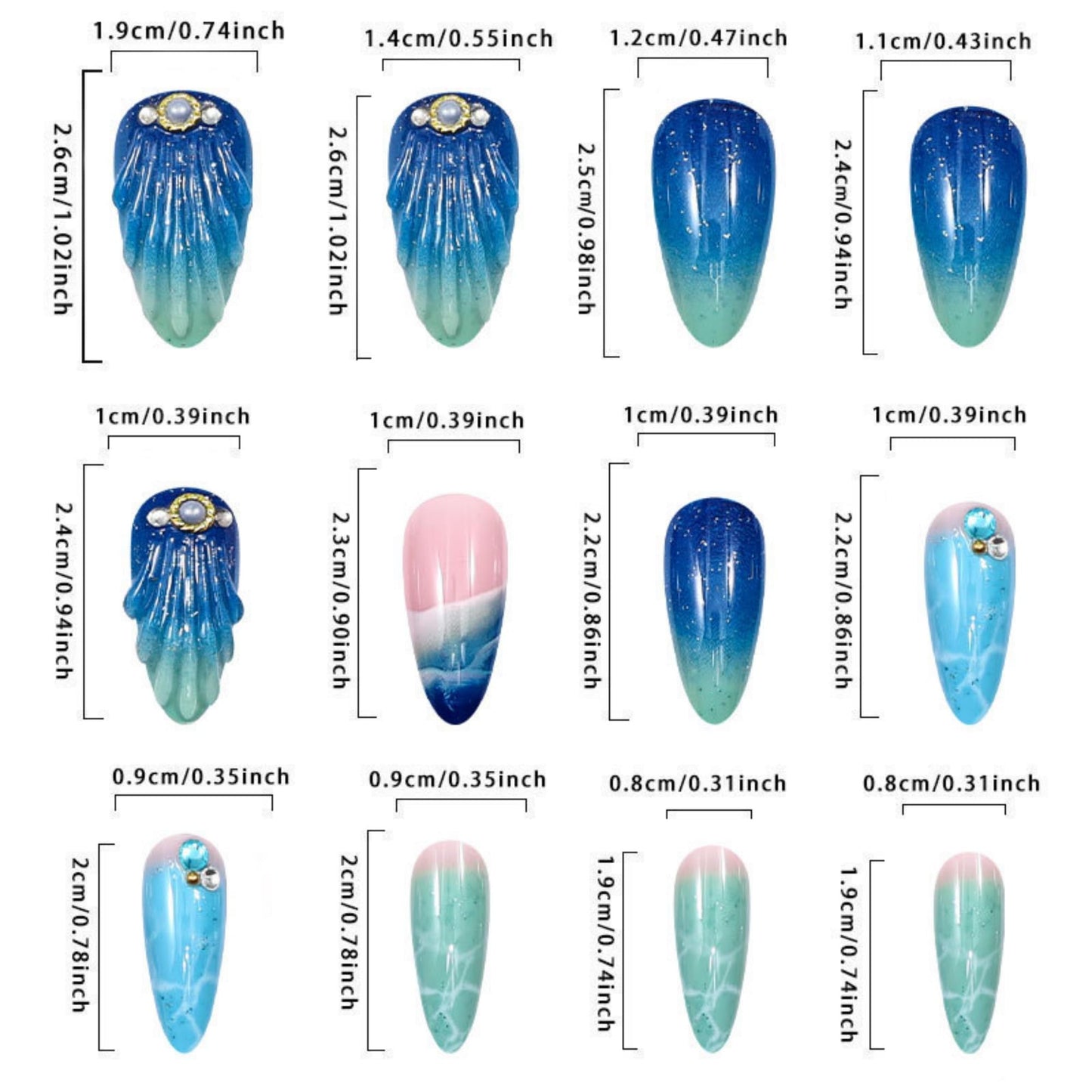 octoswave Press on Nails Long Almond Blue Ocean Wave Design False Nails with Seashell Pearl Accents 3D Textured Summer Beach Mermaid Style Fake Nails for Women 24Pcs