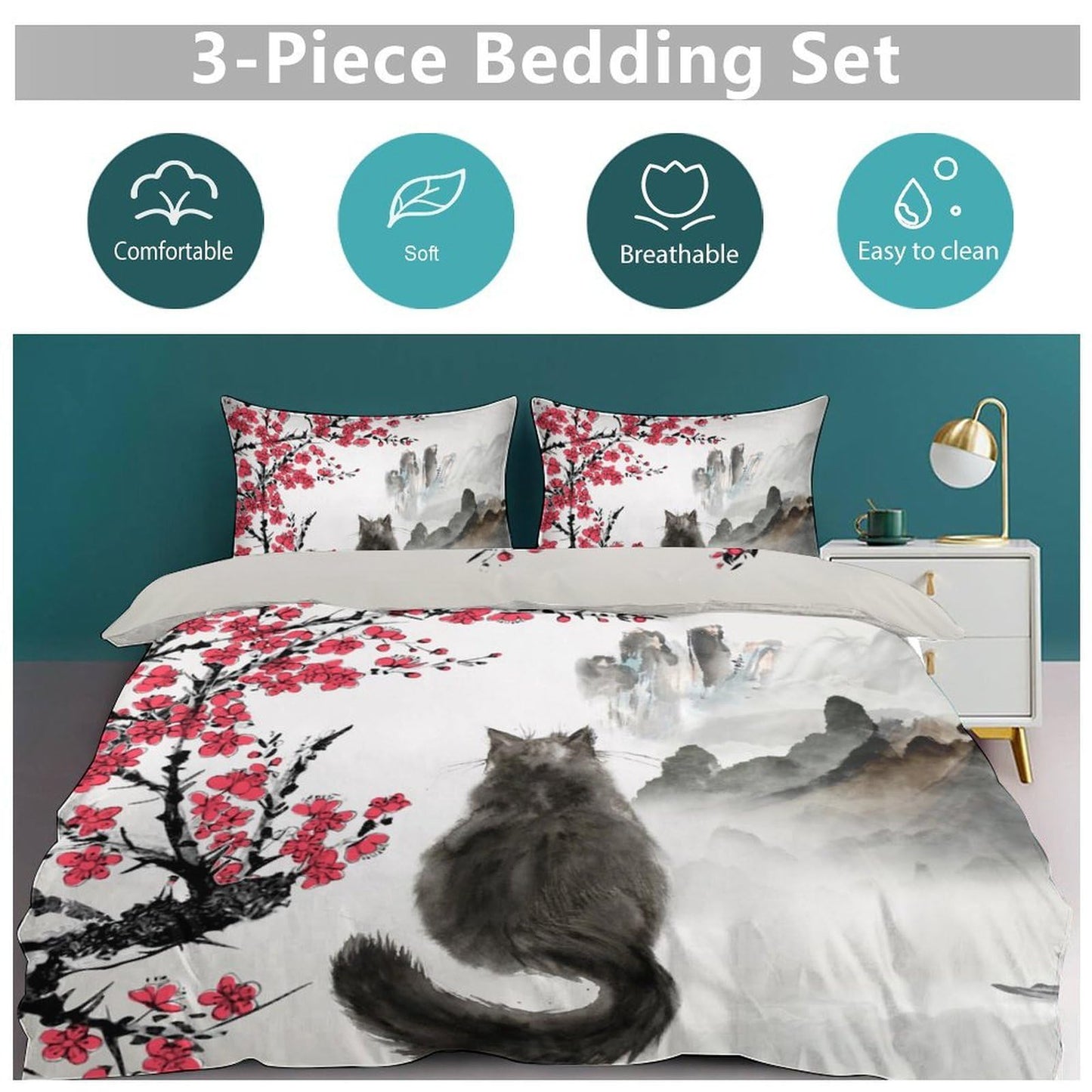 Lnepty Japanese Bedding Set,Retro Orient Traditional Ink Painting Black Cat Red Cherry Blossom Floral Natural Landscape Asian Comforter Set with Pillowcase for Bedroom Bed Decor,Twin 86"x70"