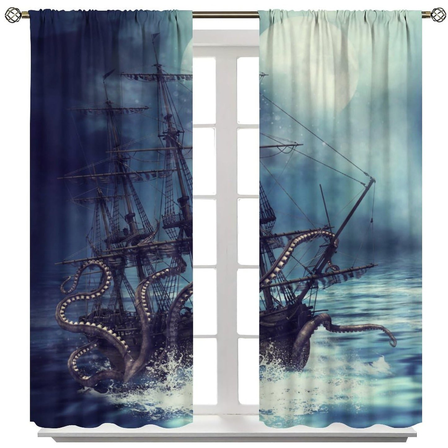 Navy Ocean Curtains, Nautical Sailing Ship Window Drapes for Bedroom Living Room Kitchen, Coastal Beach House Decor, Storm Octopus Theme, 20.5" W x 44.5" L, 2 Panels （No Blackout）