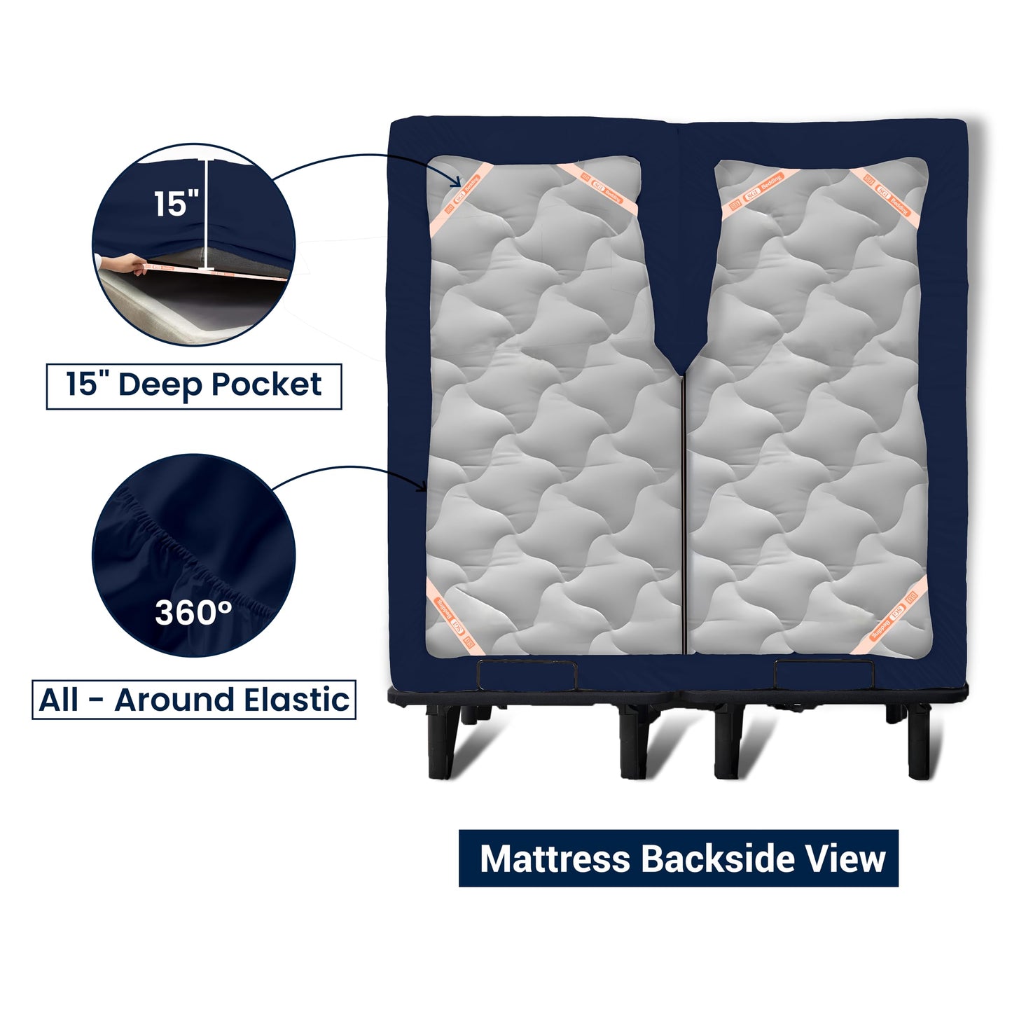 SGI bedding 32" Queen Split Top Flex Head Fitted Sheet ONLY 100% Egyptian Cotton Sheet Flex Top Fitted Sheet for Adjustable Bed 15" Deep Pocket, Sleep Number Bed - Navy Blue